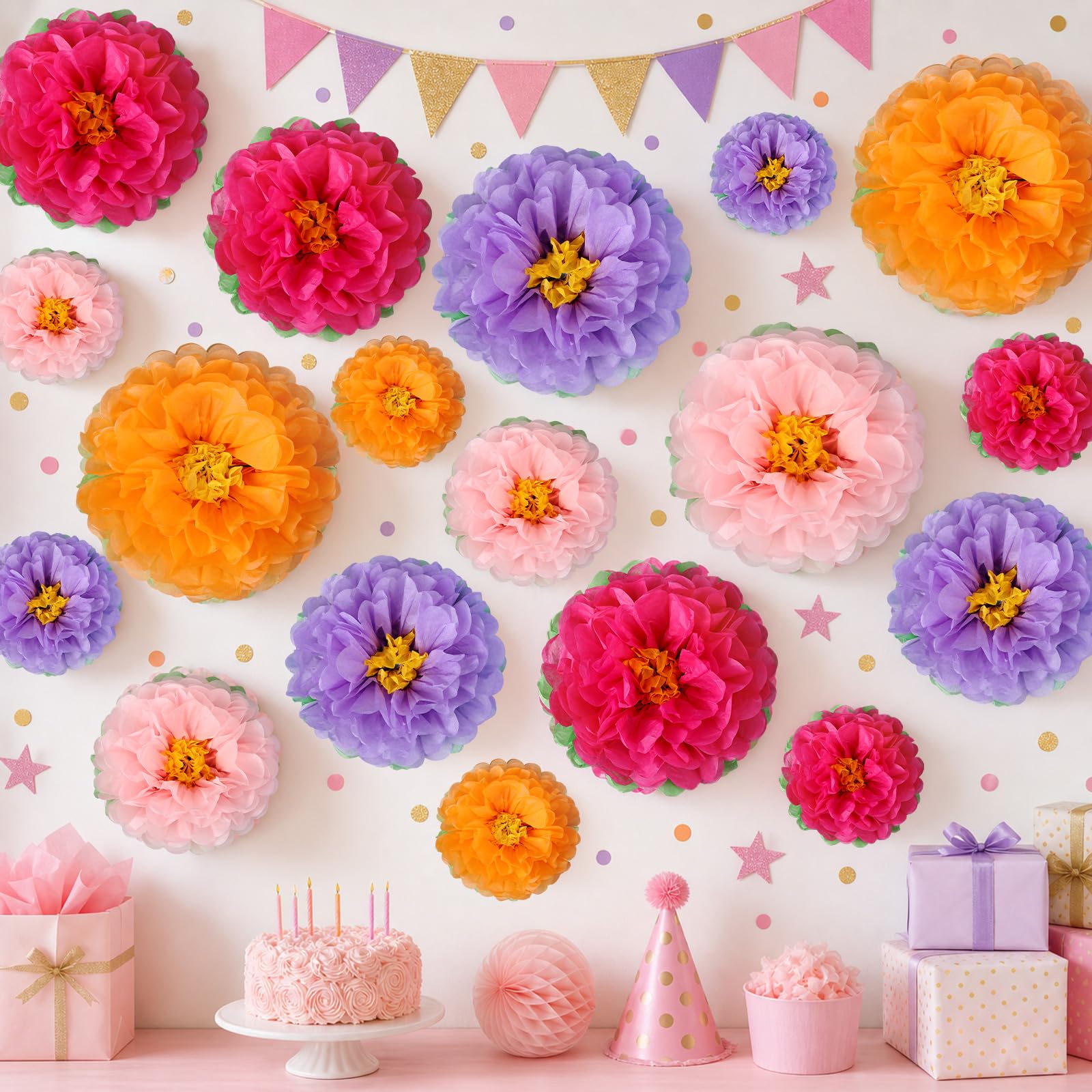 Cholemy 24 Pcs Tissue Paper Flowers, Crepe Paper Flowers Decorations 8" 10" 12" for Wedding Party Baby Bridal Shower Carnival Party Birthday Nursery Wall Decor (Pink,Purple,Orange,Rose Red)