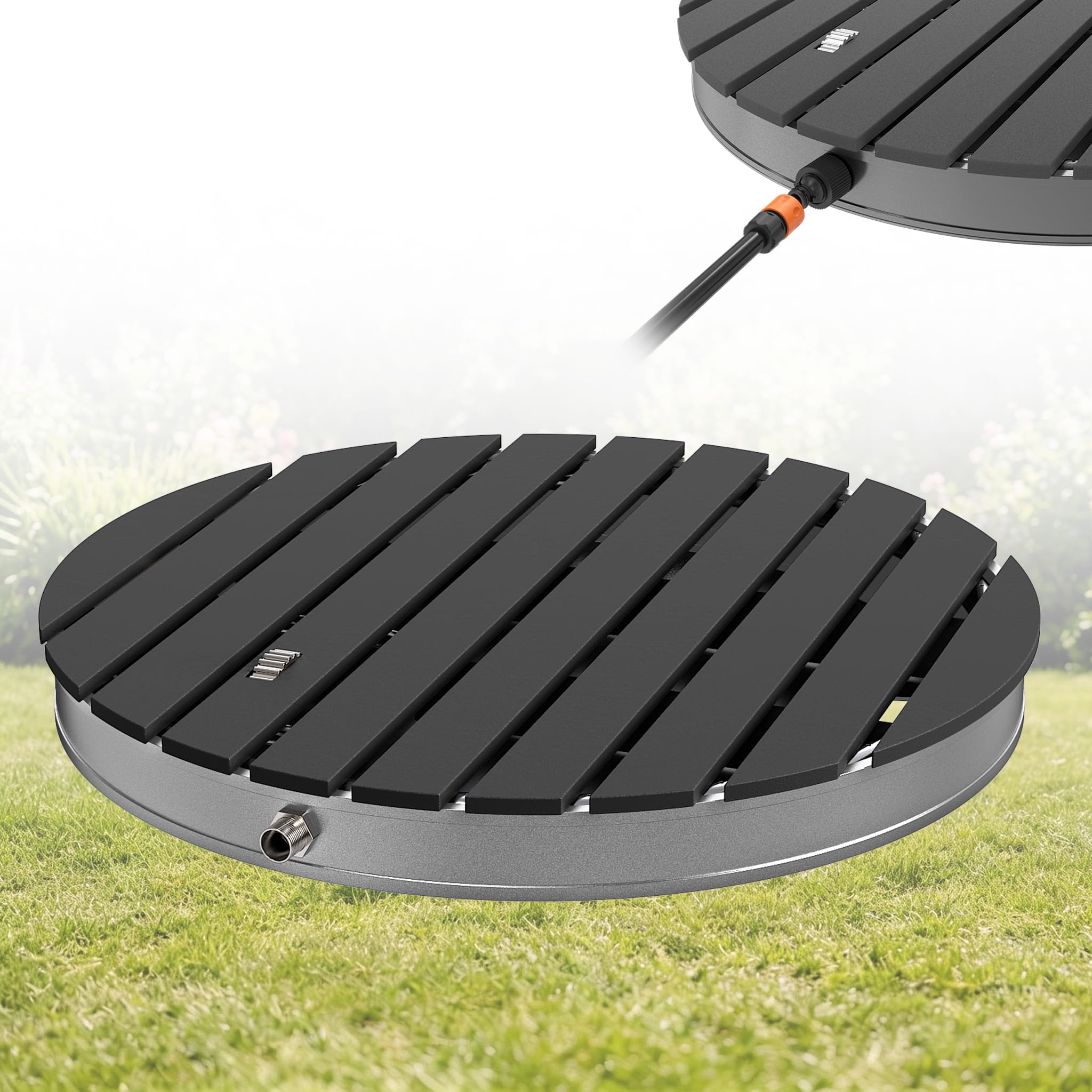 HENGMEI Gartendusche Bodendusche Outdoor WPC Campingdusche Außendusche Saunadusche rutschfest Wetterfest Aluminium Standfläche bis 4 m Fontänenhöhe Fußboden Dusche (Anthrazit - Rund)