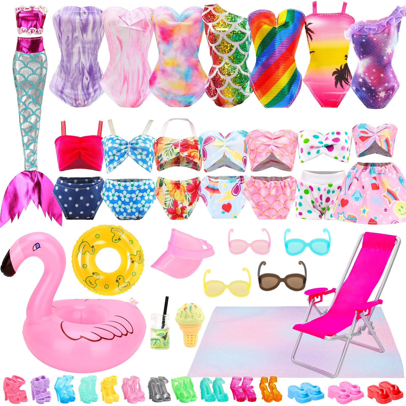 Miunana 25 Doll Clothes & Accessories Set, 11.5 Inch Doll Summer Clothes Outfit Swimsuit Picnic Chair Swimming Ring Float Glasses Hat Shoes for 11.5 Inch Girl Doll for Kids Girls Birthday Gifts