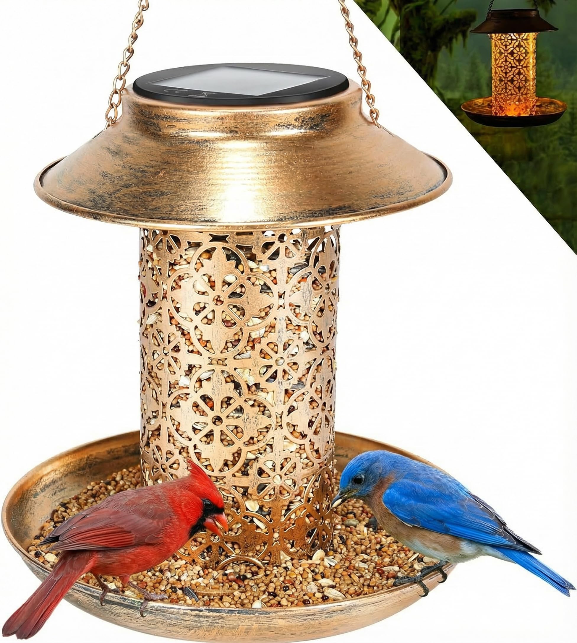 MLEPXBO Solar Bird Feeder, Durable Metal Outdoor Bird Feeders Hanging Station, Wild Bird Feeder with Solar LED Light, Squirrel Proof Bird Feeder for Balcony Garden Decoration