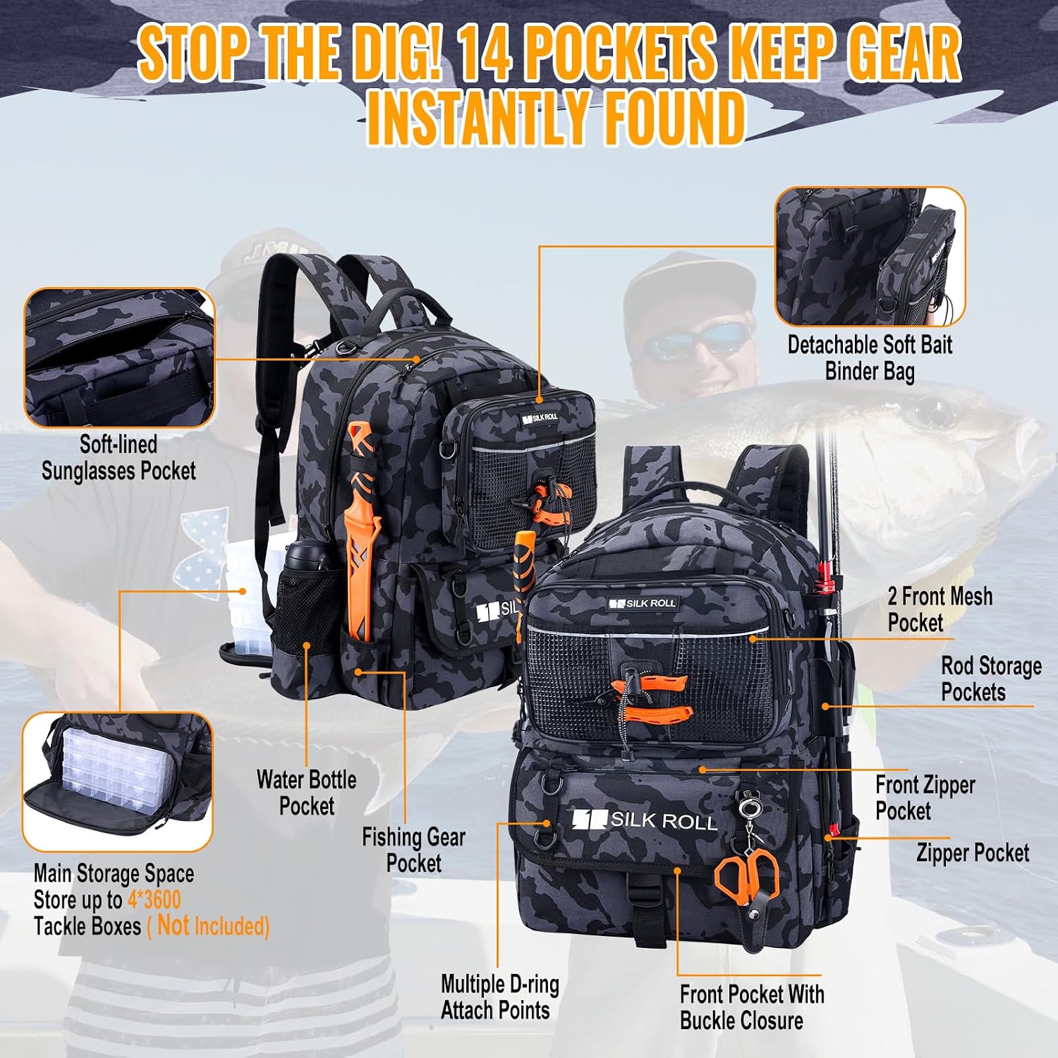50L Fishing Tackle Backpack with Built-in Rod Holder Large Water-resistant Outdoor Fishing Bag