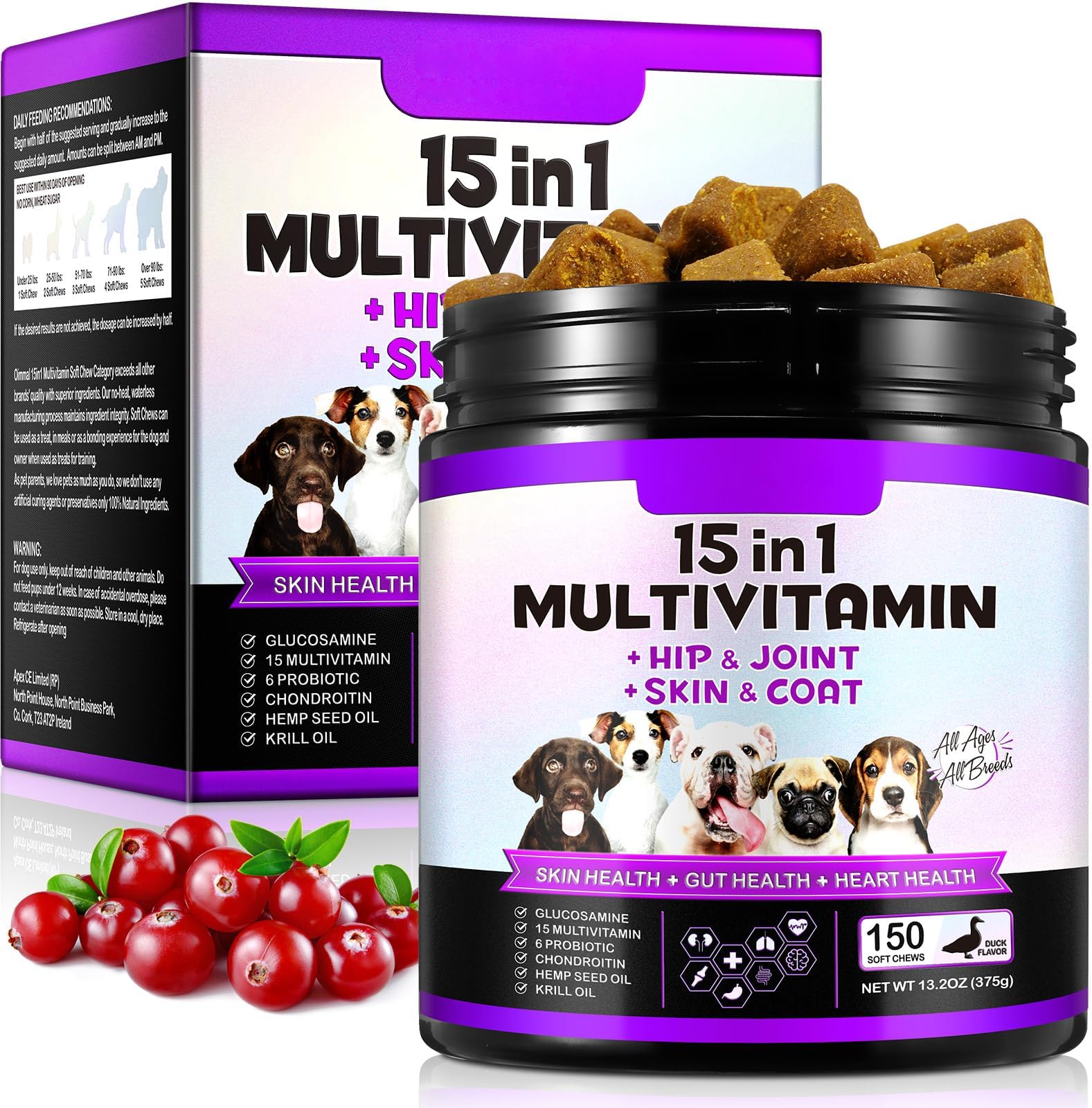 – Dog Multivitamin Chewable,15-in-1 Dog Vitamins & Supplements for Dogs, Hip & Joint Supplements, Immune System, Skin & Coat, Gut Health, for All Ages All Breeds(150 Chews Duck Flavor)