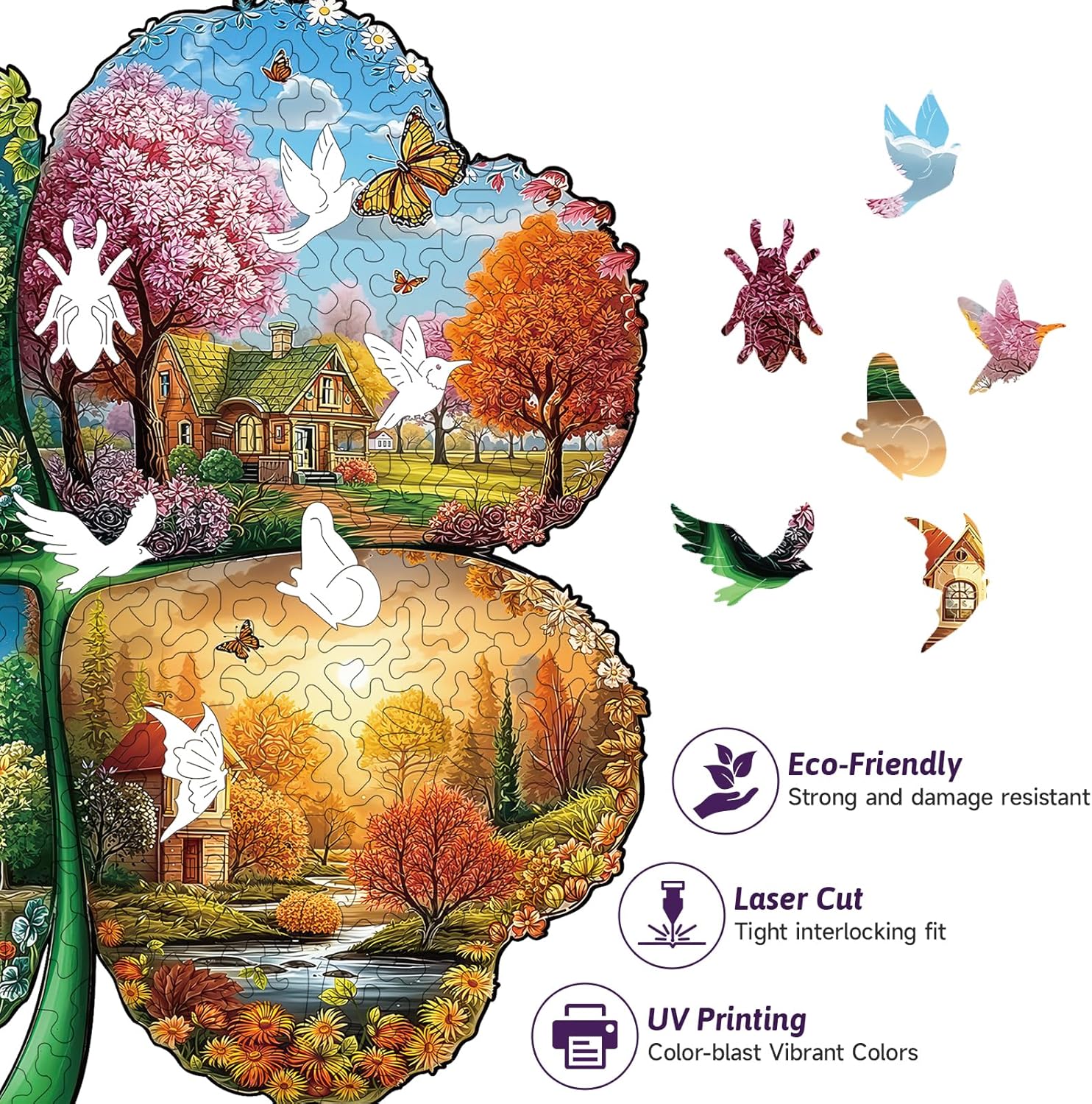Wooden Jigsaw Puzzle for Adults - 244 Pieces Four Seasons Clover Landscape Puzzles, Premium Wooden Puzzle with Unique Animal Shapes, Artistic Brain Teaser Puzzles Gift for Adults (Shamrock)