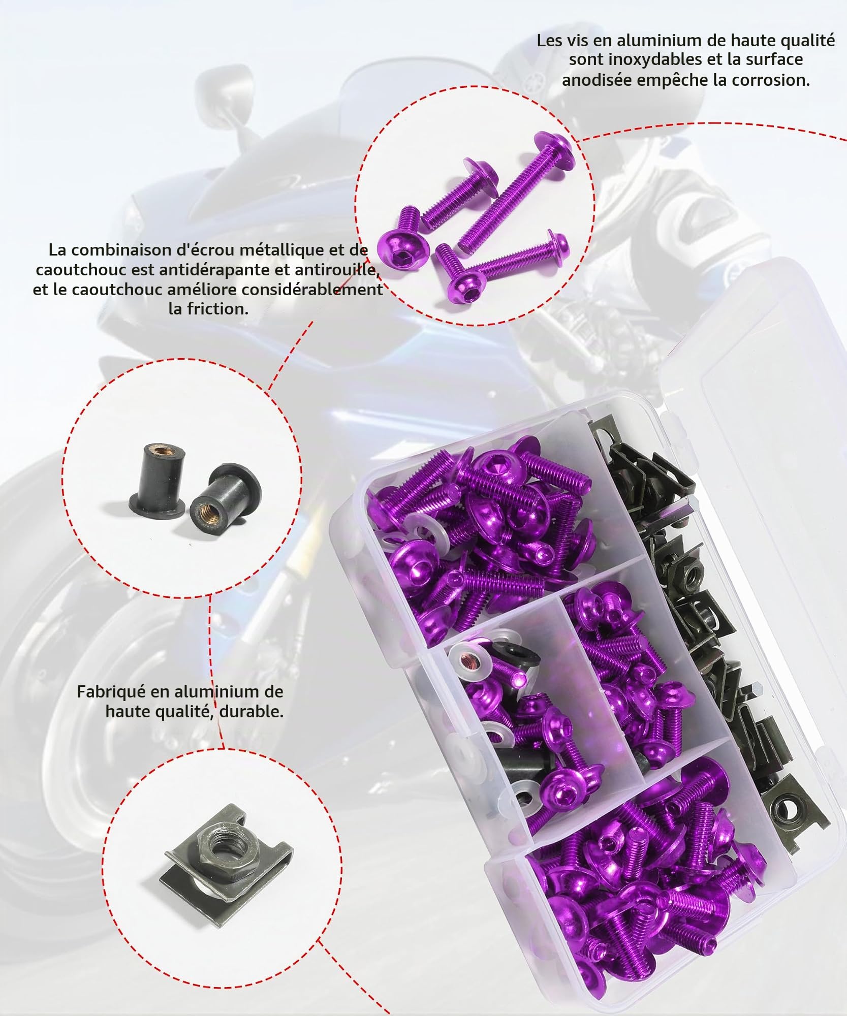 177PCS Kit Visserie Moto,Kit de Boulons de Carénage de Motos,Boulons de Carénage En Aluminium,Ensemble de Capots de vis de Moto,Convient à la Plupart des Motos,Sports Motorisés (Violet)