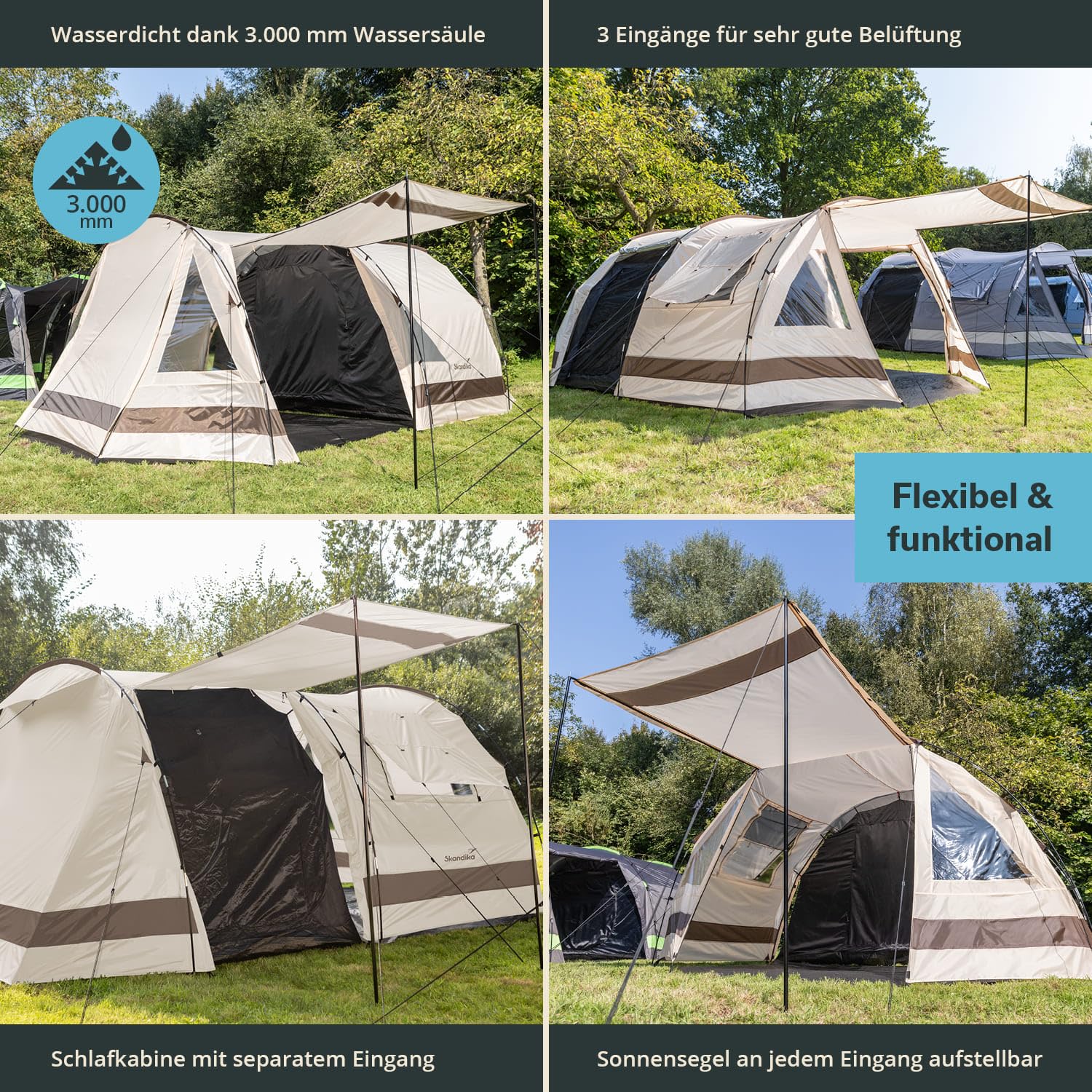 Skandika Tunneltent Gotland voor 5 personen, familietent met ingenaaide tentbodem, waterdicht, 5000 mm waterkolom, 2 m stahoogte, zwarte slaapcabine, muggennet, campingtent