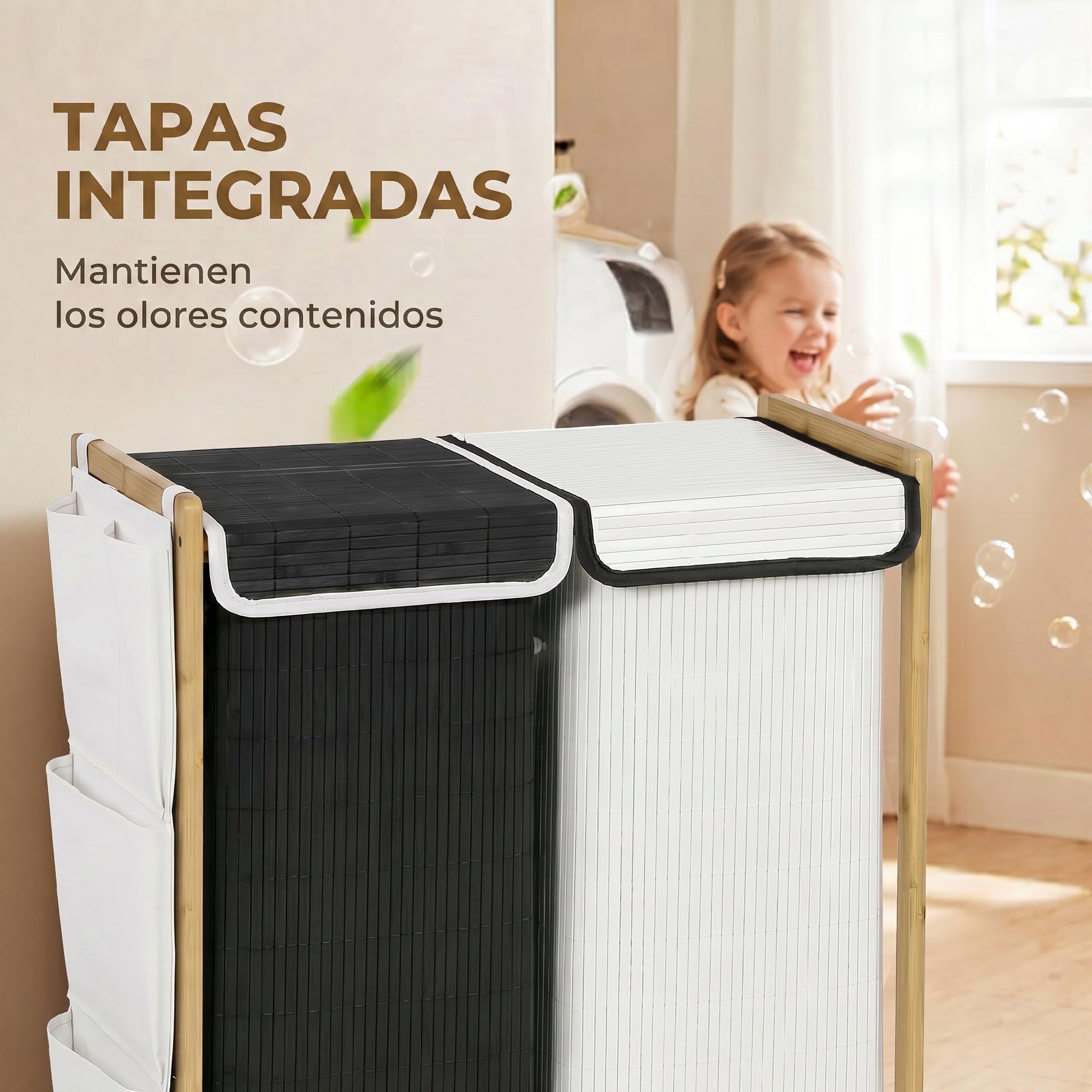 HOMCOM Cesto de Ropa Sucia con Tapa, 120L, 63x33x78 cm, Blanco y Negro | Cesta de Ropa Sucia de Bambú,2 Compartimentos,Bolsas Extraíbles y Lavables con Cordón,Bolsillos Laterales,para Lavandería