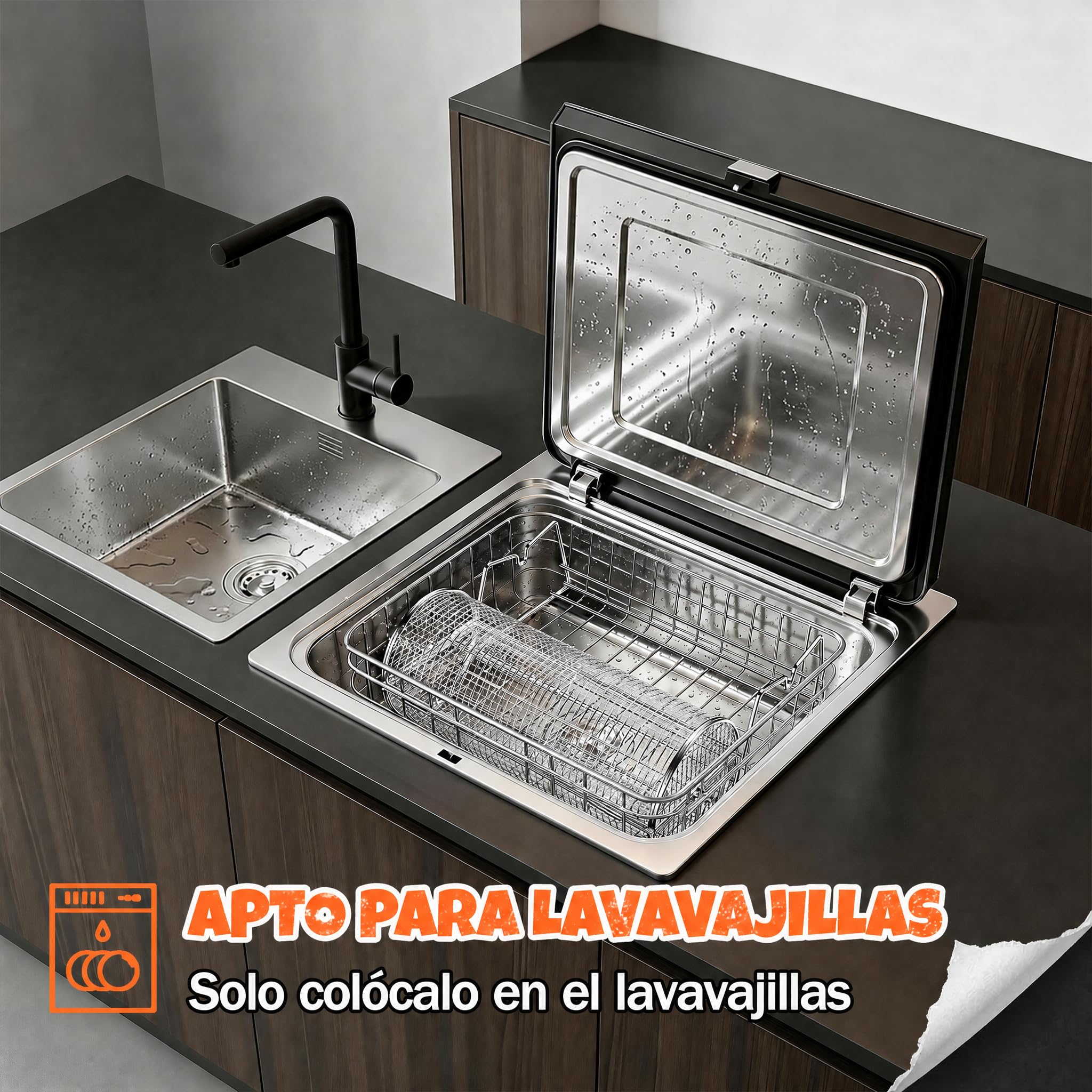 2-en-1 Cesta de Parrilla Rodadiza Rotativa, Acero Inoxidable 304 con Dobles Mangos de Manivela y Recto, Accesorios Barbacoa para Verduras Camarones, Regalo Idea Hombre Papá Esposo Cumpleaños