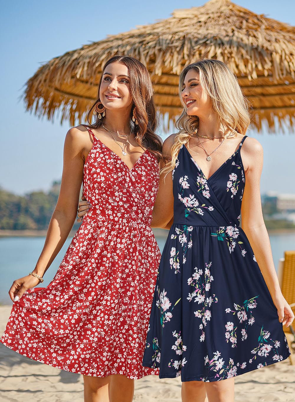 STYLEWORD Robe d'été mi-Longue sans Manches à col en V et Bretelles Spaghetti pour Femme avec Poches