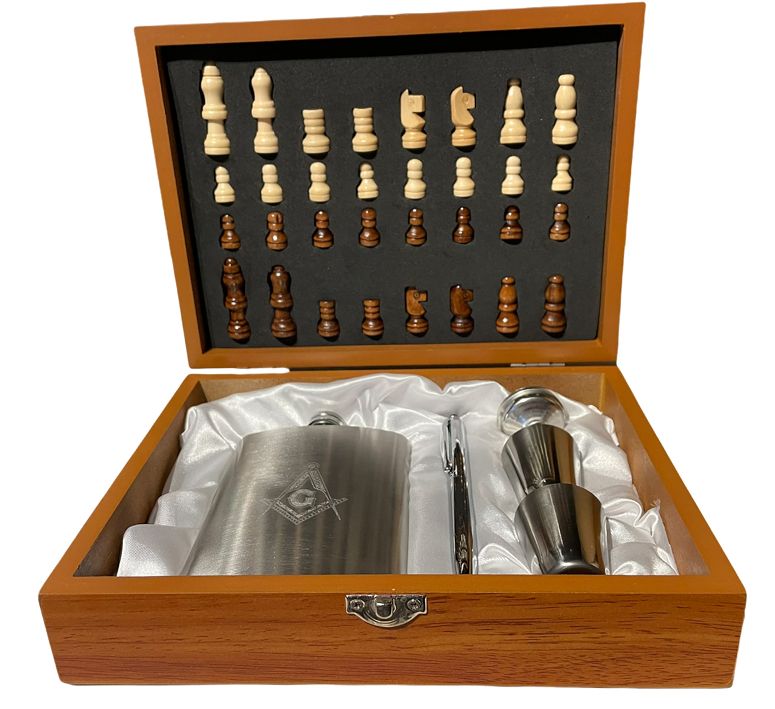 GPO Group Freemason Gift Set Masonic Hip Flask Freemasonry Masonic Lodge Chess Set Easy Pour Funnel Stainless Steel Shot Cups Stainless Steel Pen