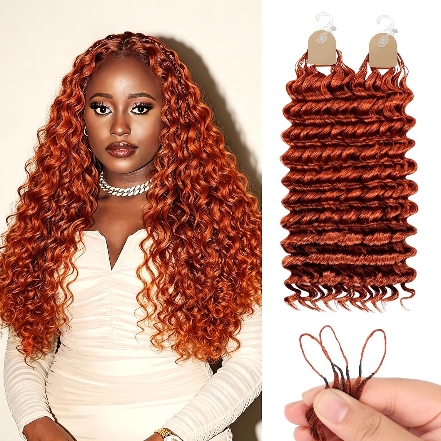 350 Human Crochet Hair for Black Women 22 Inch 60g Pre-Separated 50 Strands Deep Wave Orange Ginger Feather Crochet Human Hair Invisible Miracle Knots Boho Hair Bundles,Long-lasting