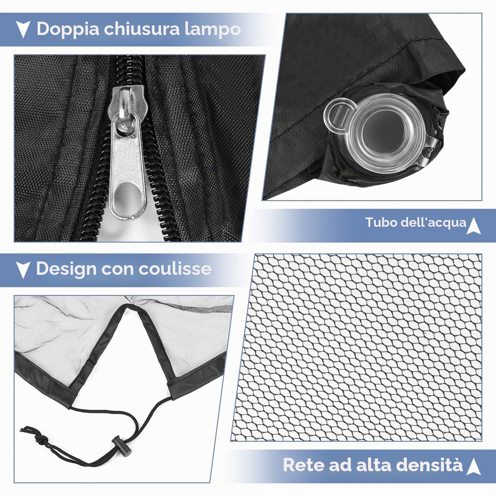 Zanzariera a ombrello quadrato, rete ombrello da patio 25 x 45 cm, zanzariera antivento con cerniera, corda regolabile e fondo riempito d'acqua per ombrelli quadrati, tetto in ferro
