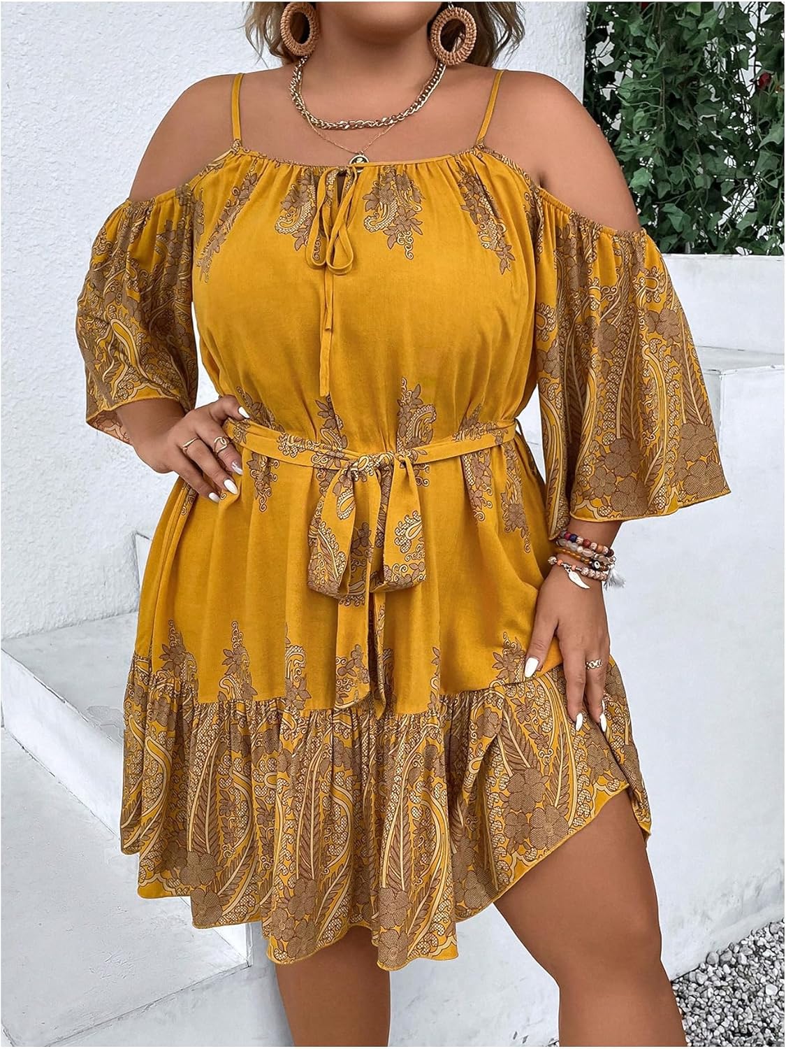 Verdusa Women's Plus Size Paisley Floral Cold Shoulder Vacation Dresses 3/4 Sleeve Belted Waist Flowy Summer Dress - Image 6