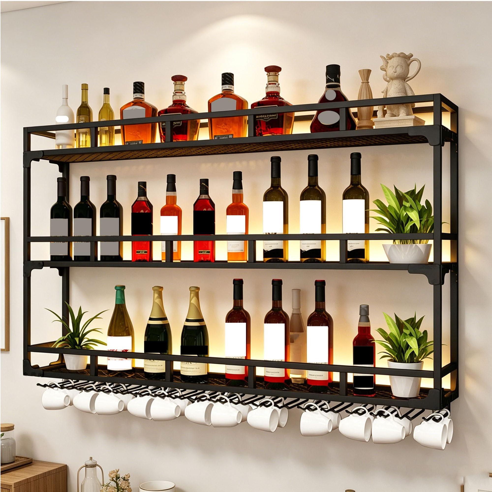 Botellero Vino Pared Garrafeira de Vino con Luz Wine Rack Mueble Botellero Barra Cocina Mini Bar Estanteria Cocina para Bar Comedor(Nero,100cm(39.37in))