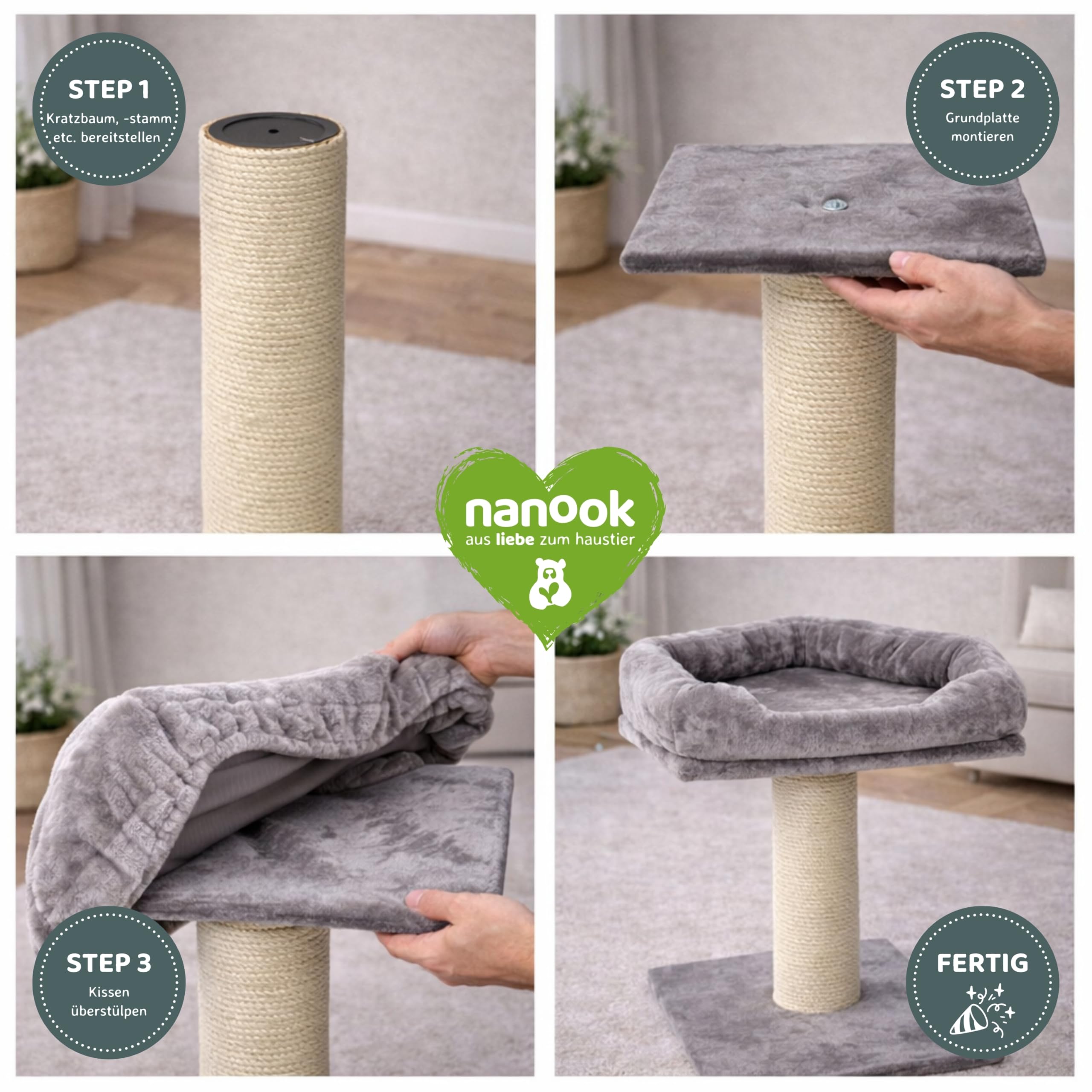 nanook Kratzbaum Liegeplatz Top für Katzen - Fensterbank Liege - Abnehmbarer Bezug - Plüschrand - XXL 53 x 40 cm - grau