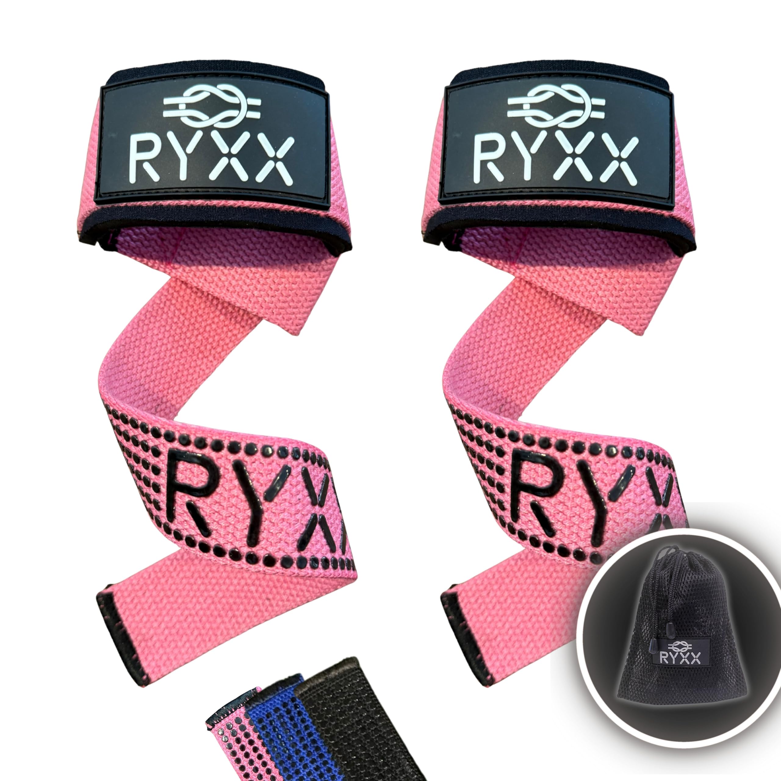RYXX Weightlifting Straps with Rubber Grip & Neoprene Padding | Heavy-Duty Cotton Gym Straps for Deadlifts | Wrist Support for Strength Training, Powerlifting & CrossFit | Includes Carry Bag (Pink)