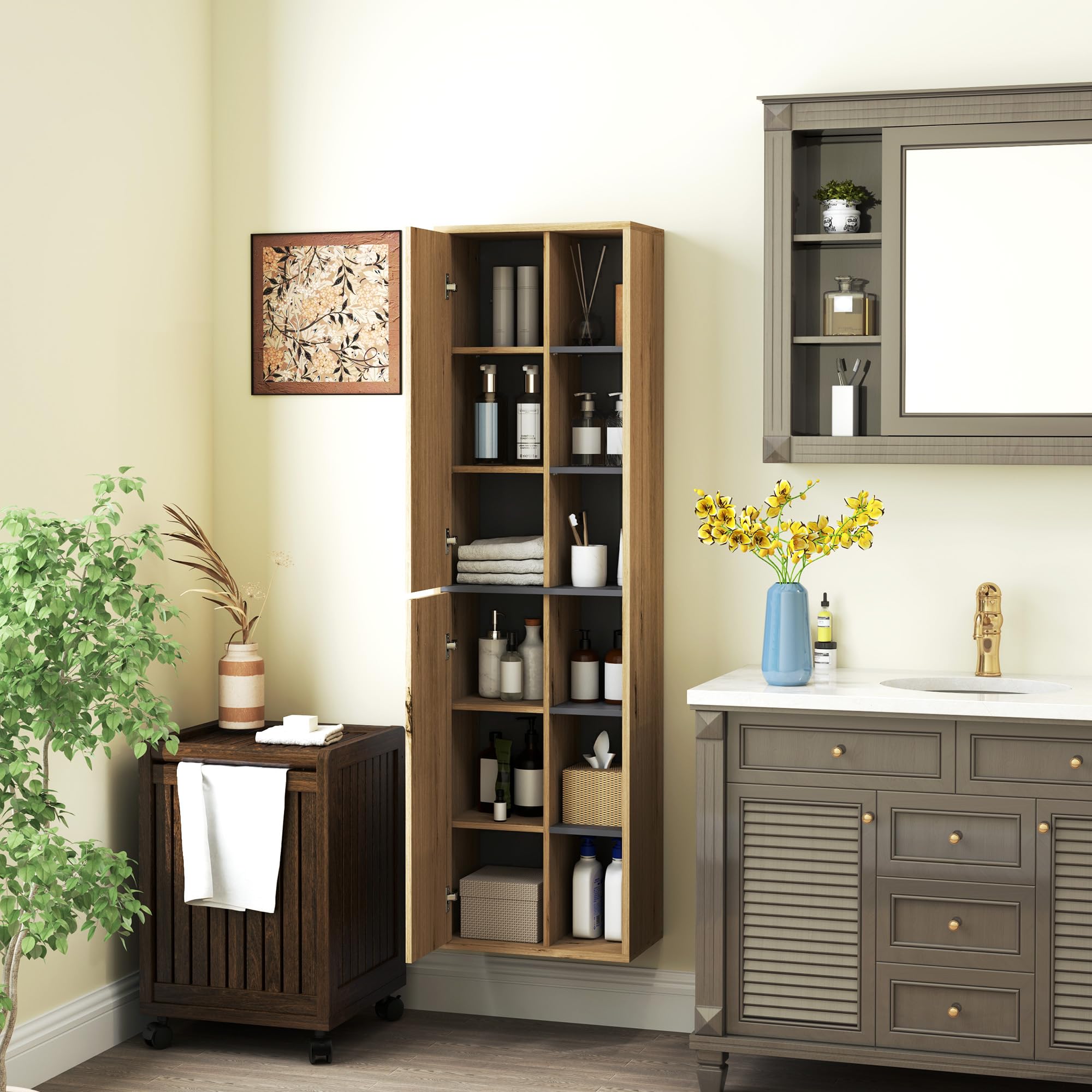 HOMCOM Columna de Baño de Pared Armario de Baño con Compartimentos Abiertos y 2 Puertas Mueble de Baño Moderno 40x24x141,5 cm Natural