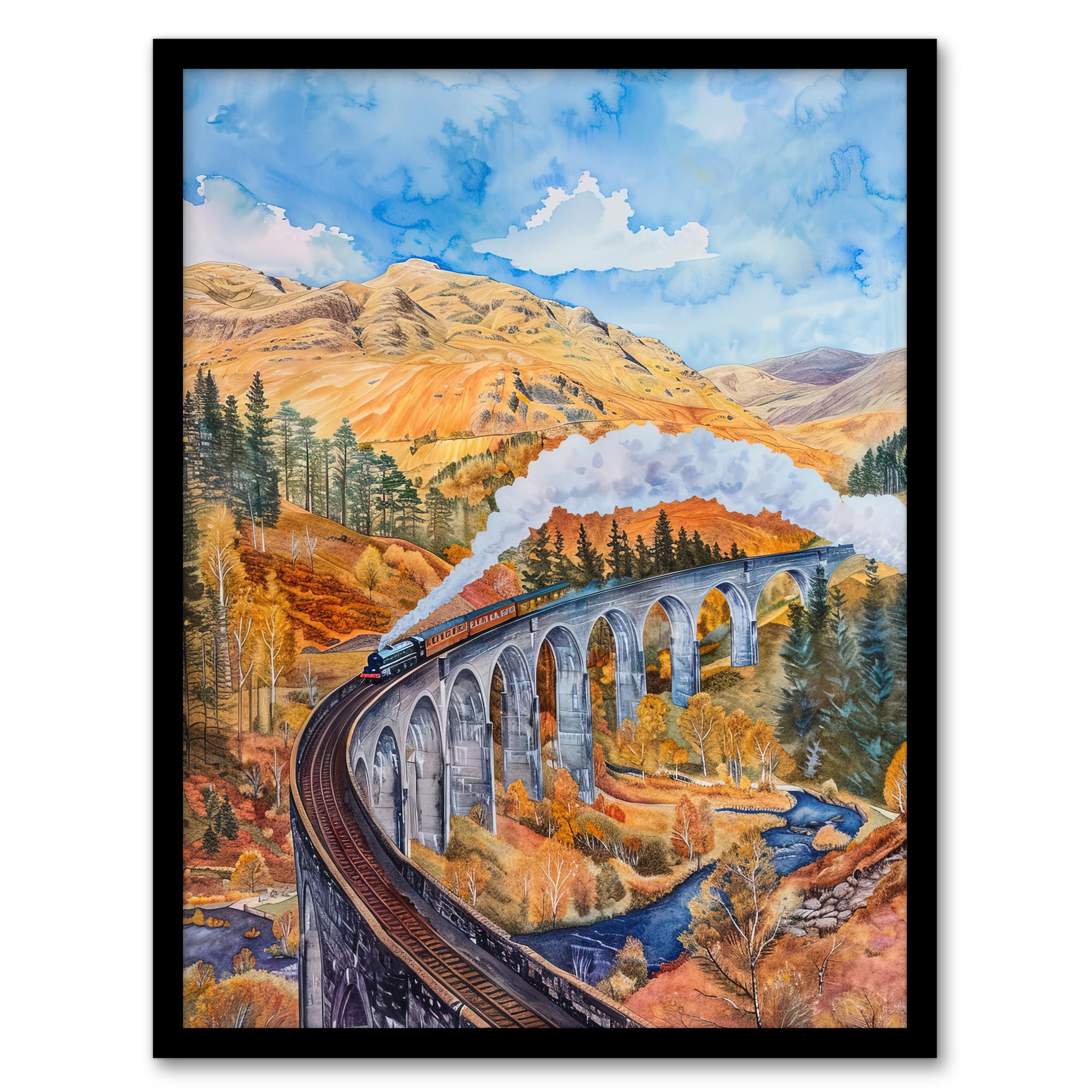 Artery8 Steam Train Glenfinnan Viaduct Railway Bridge Kids Bedroom Artwork Framed Wall Art Print 18X24 Inch