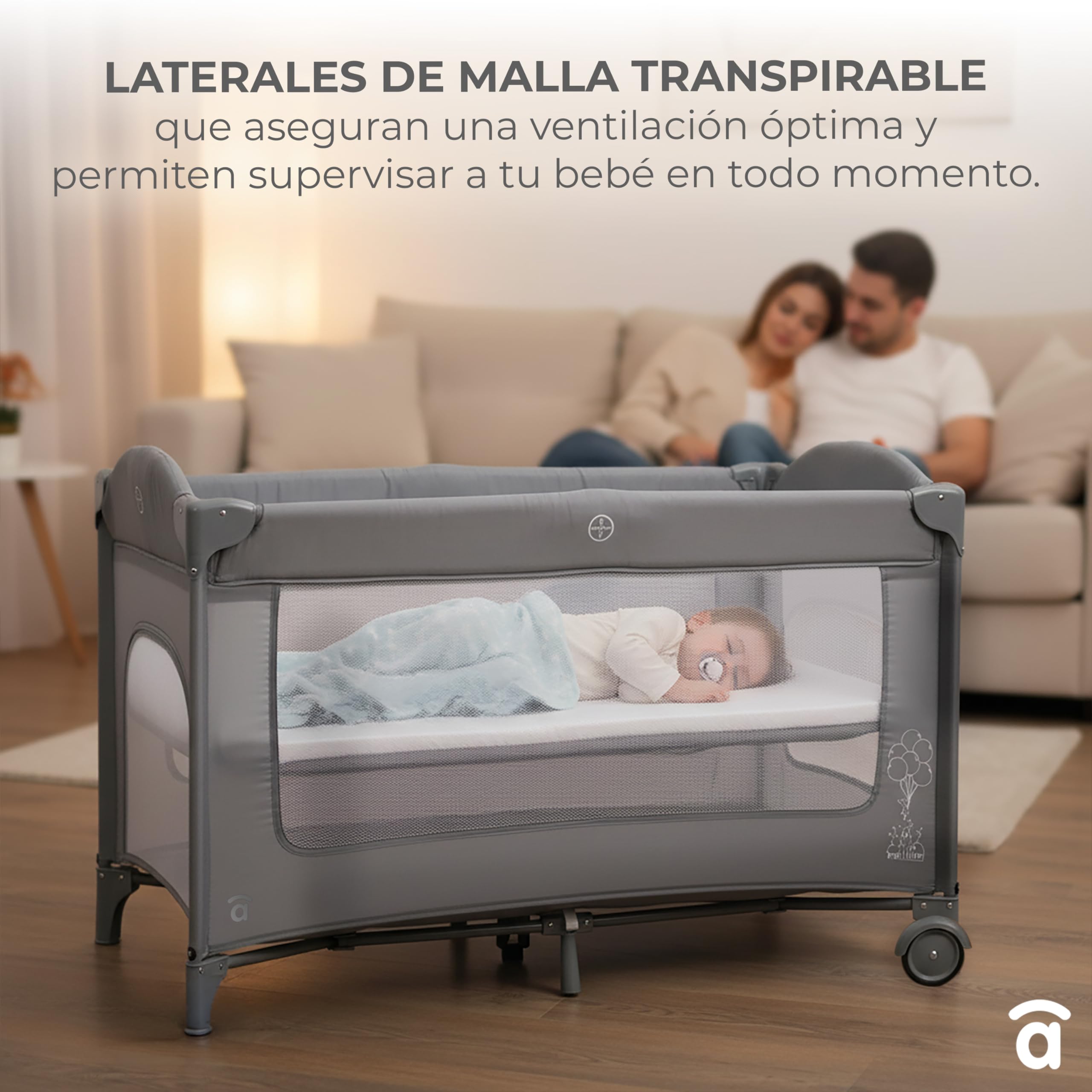 Asalvo Cuna de Viaje Colecho Together 2 en 1 – Cuna Bebé Plegable con Doble Altura, Correas de Seguridad, Ruedas con Freno y Bolsa Transporte – Desde Nacimiento hasta 15 kg – Gris