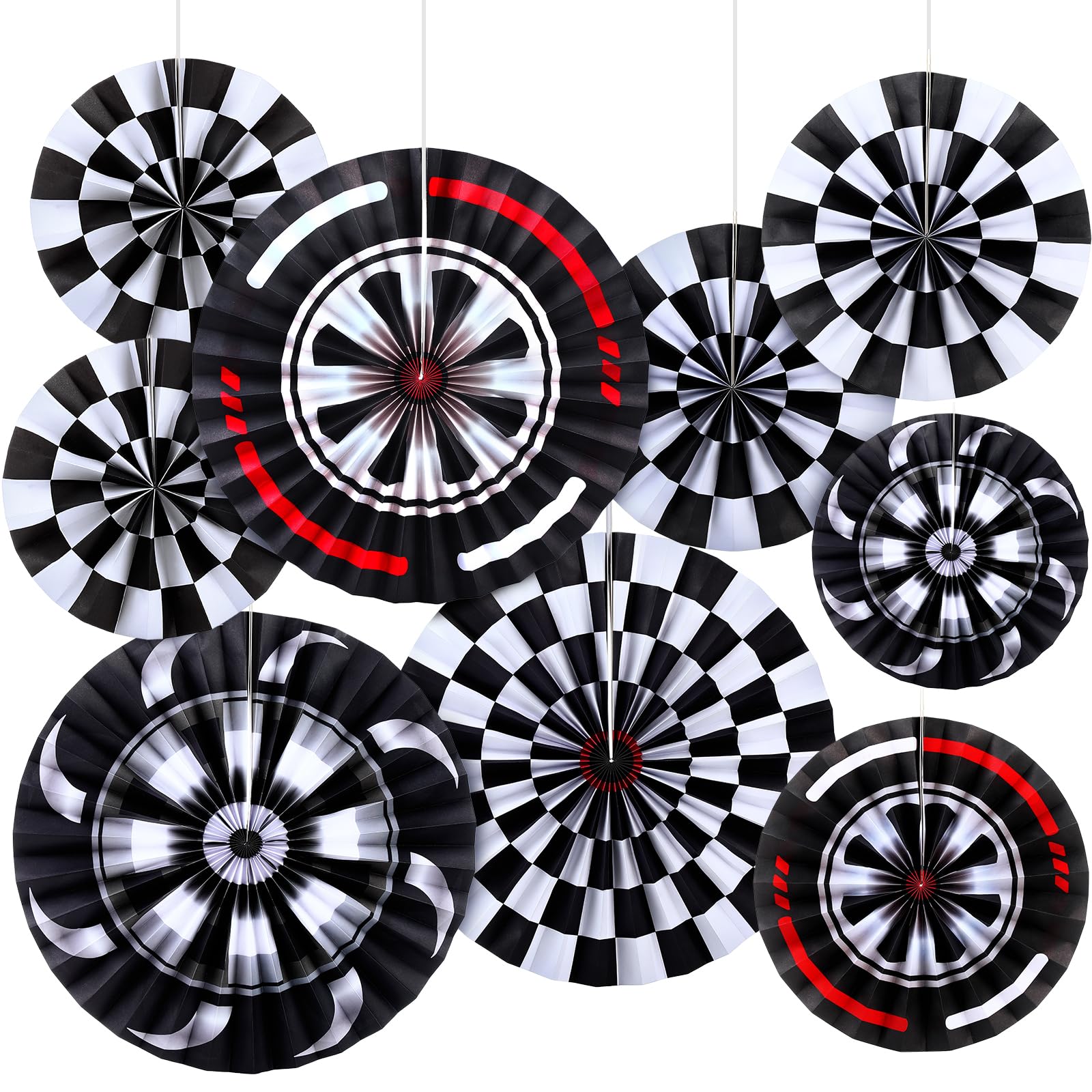 Outus 9 Pcs Monster Truck Birthday Party Decorations Racing Theme Paper Fans Black White Checkered Hanging Decor for Monster Truck Party Supplies Pre-Folded Wall Ceiling Decor for Birthday and Events