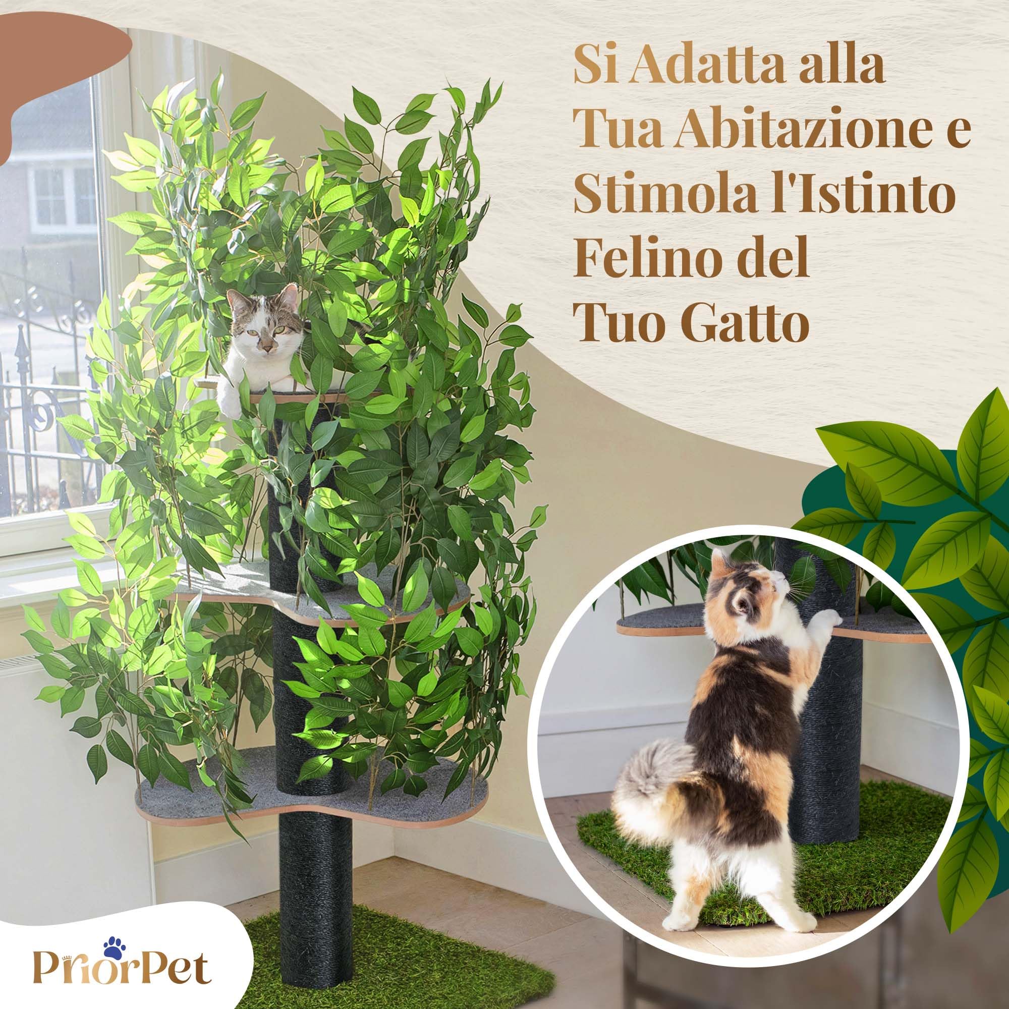 Albero per gatti con Foglie Intercambiabili - Brevettato Tiragraffi per Gatti Adulti, per Arrampicarsi Nascondersi e Dormire - Più Livelli, Facile da Montare - Tiragraffi Gatto Costruzione Robusta