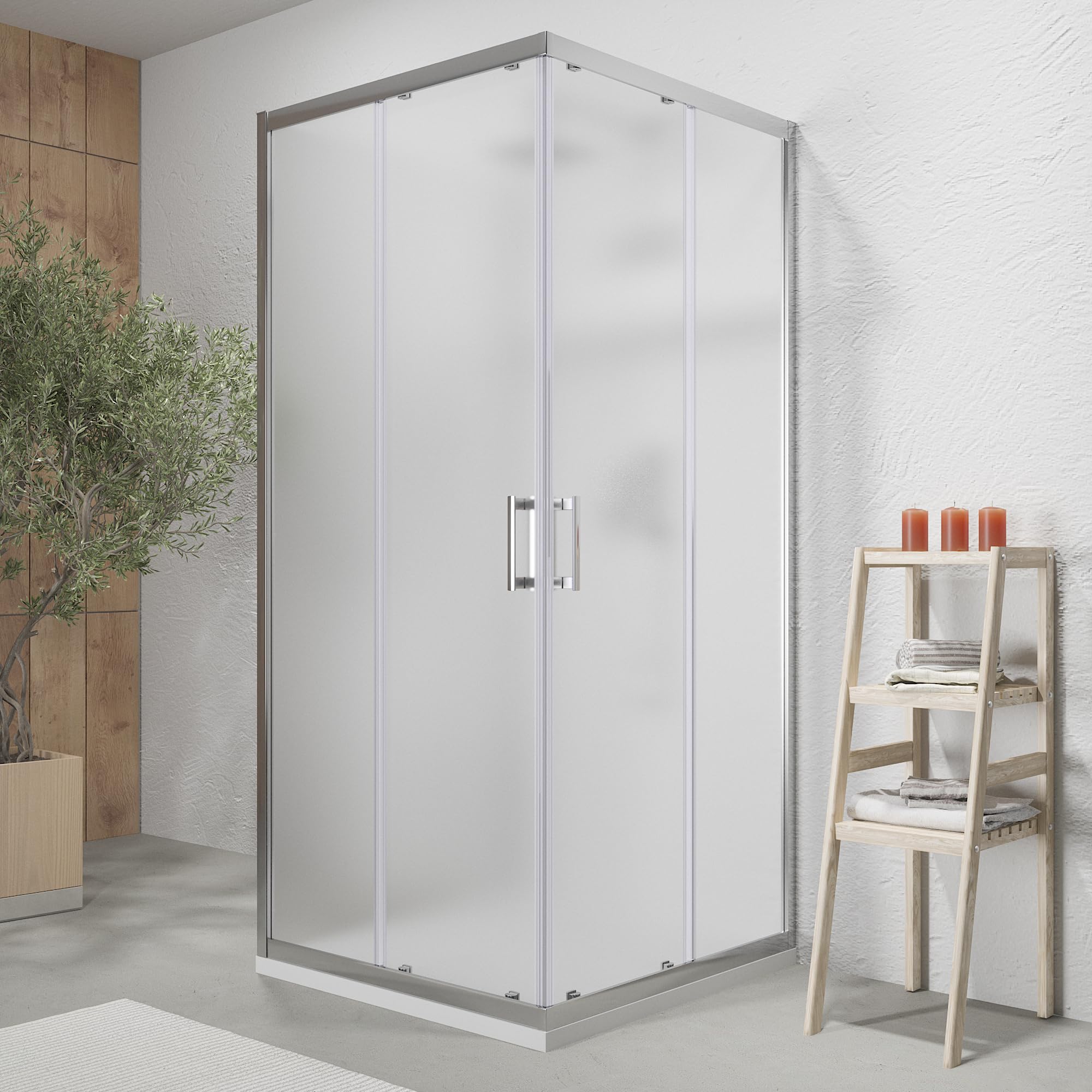Cabina de ducha cromada de 3 lados 70 x 120 x 70 cm con doble corredera de 190 cm de altura y cristal templado mate de 6 mm perfiles de aluminio cromado modelo Tremiti