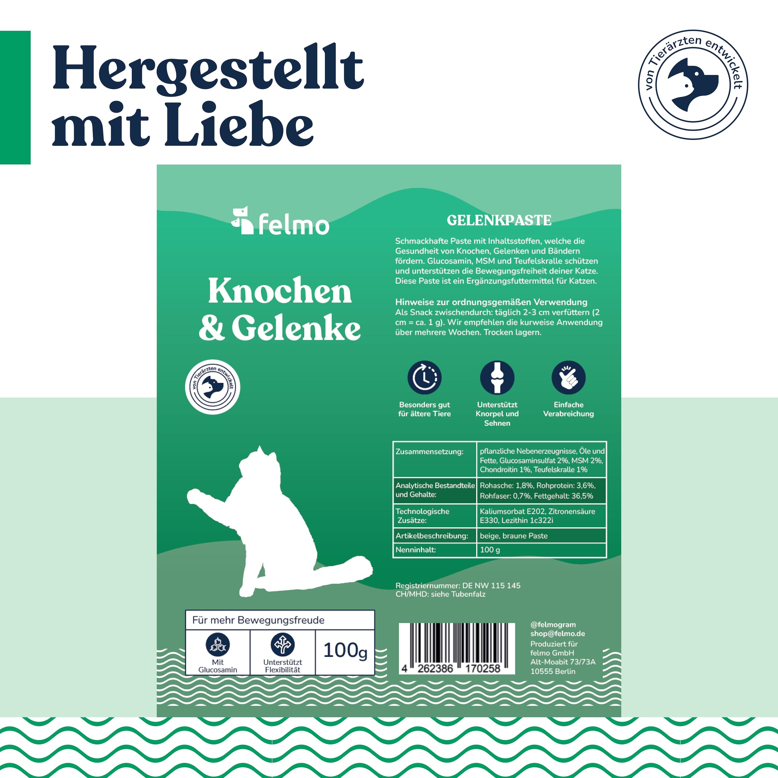 felmo La pâte osseuse et articulaire pour chats (100 g) favorise la flexibilité et favorise la liberté de mouvement de votre chat grâce à des composants actifs hautement dosés sans sucre ajouté