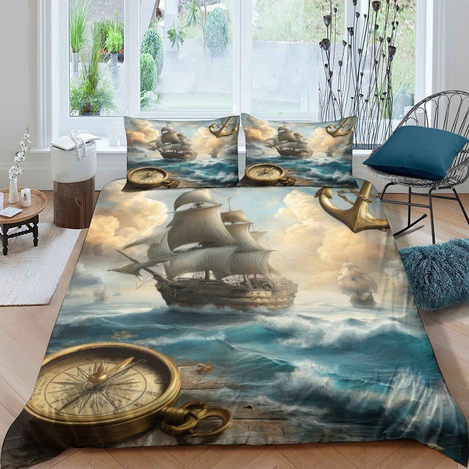 Ctjqhvkz Style-7 3D Printed Vintage Sailing Ship Fitted Sheet Microfiber Soft Compass Bed Cover Nautical Decor For Bedroom Guest Room Single（135X200cm）
