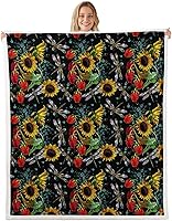 Vista 1 de Sunflower Throw Blanket,Dragonfly Animals Fleece Blanket for Bedroom Decor,Rustic Strawberry Fruit Flowers Super Soft Blankets for Sofa Couch for