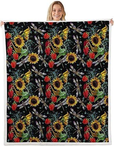 Sunflower Throw Blanket,Dragonfly Animals Fleece Blanket for Bedroom Decor,Rustic Strawberry Fruit Flowers Super Soft Blankets for Sofa Couch for