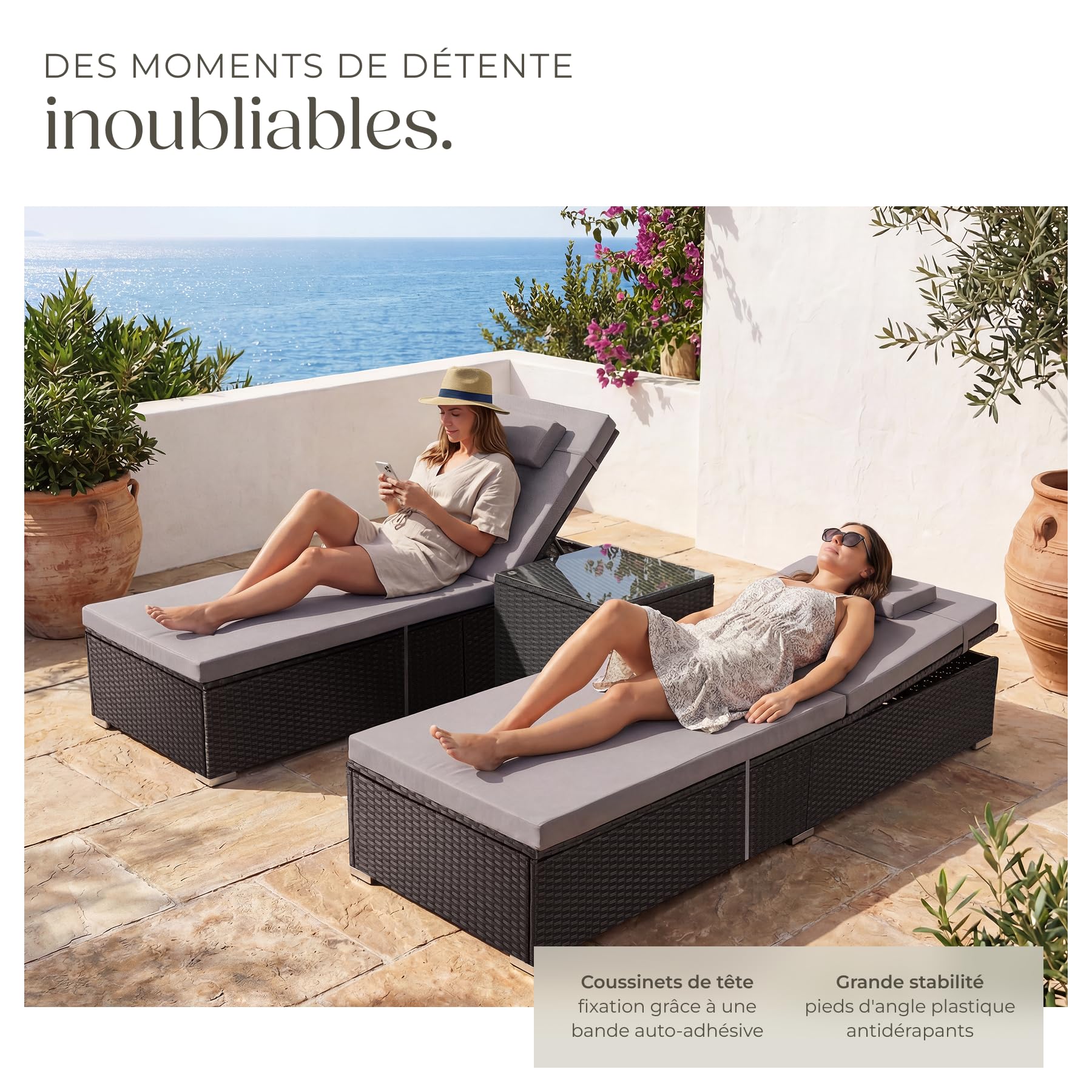 tectake® Chaise longue double en rotin 62x196x36 cm, Table d'appoint incluse, Transat Jardin Exterieur réglable 6 positions, Résistant aux UV et Intempéries, Bain de Soleil Max. 200kg, Jardin, Piscine
