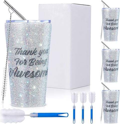 Regalos de agradecimiento para mujeres, 4 piezas, vaso de viaje con diamantes de imitación de 20 onzas con tapa y pajita, vaso aislado de acero