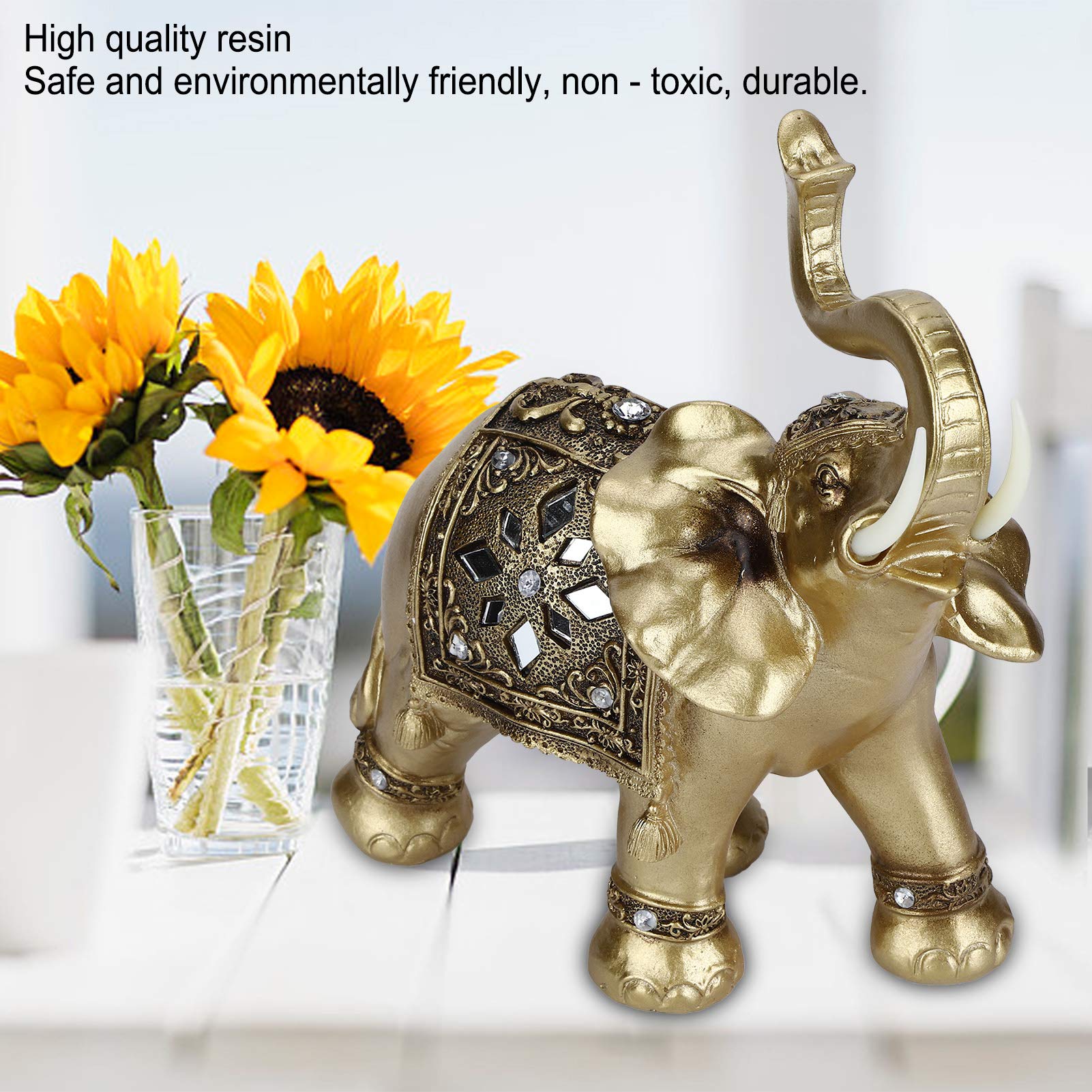 Statuetta con Statua di Elefante Dorato, Decorazione Elegante, Regalo per Casa e Ufficio, 28,5x24x10 Cm, Portafortuna in Resina
