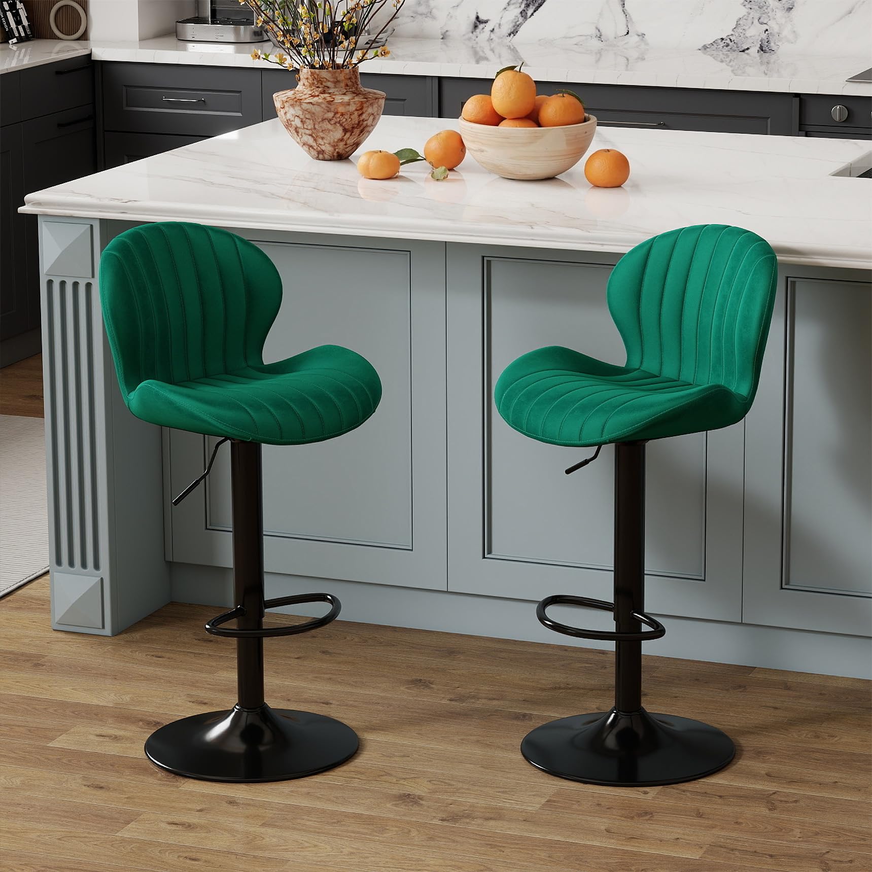 Youhauchair Modern Bar Stools Set of 2, Velvet Height Adjustable Swivel Barstools, Armless Kitchen Island Counter Chairs with Back & Footrest, Green
