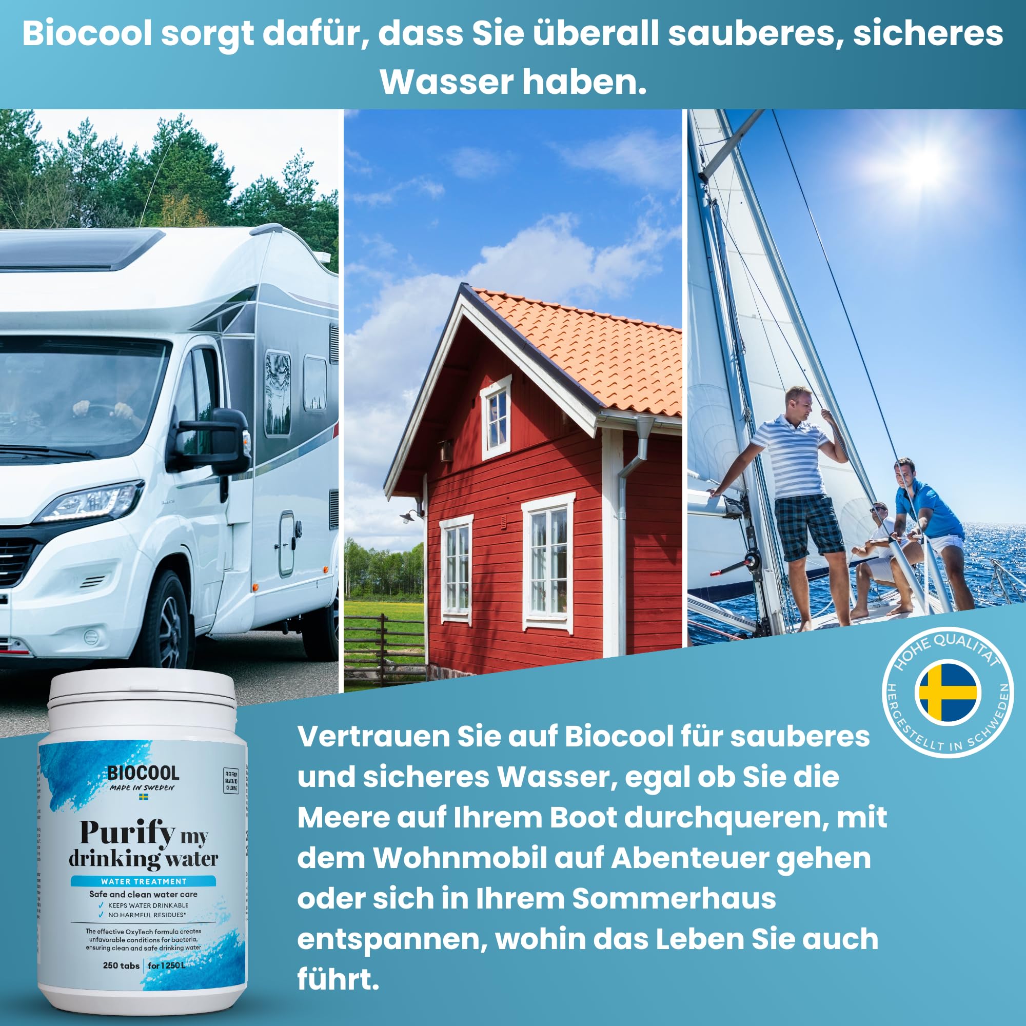 Biocool Wasserreinigungstabletten – Packung mit 250 Tabletten für bis zu 1.250 Liter Trinkwasser | Ideal für Camping, Wandern, Wohnwagen und Notfälle | 1 Tablette reinigt 5 Liter