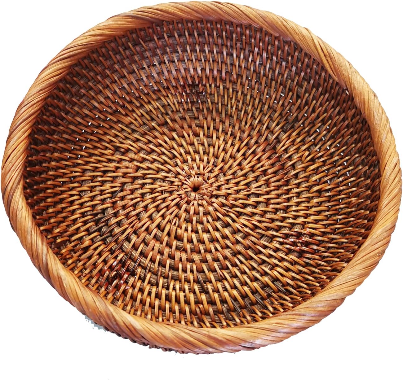 8 Inch Round Rattan Bowl Basket, Handmade Wicker Basket Tray with Scalloped Edge and 3”Deep Wall, Decorative Woven Dark Brown Bread Basket Fruit Bowl Key Holder Table Centerpiece, S