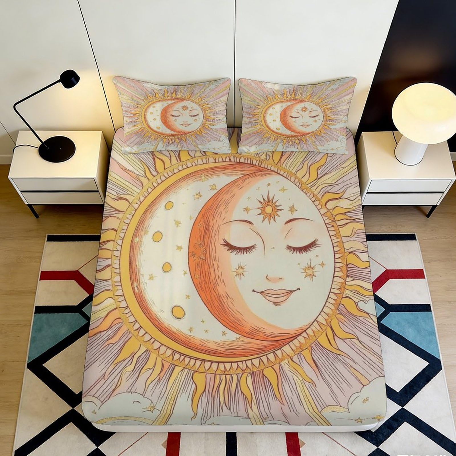 3D Printed Sun Moon Fitted Sheet Microfiber Deep Pocket Bedroom Bedding Sun Moon Mattress Fitted Cover for Adults 90x200x25cm