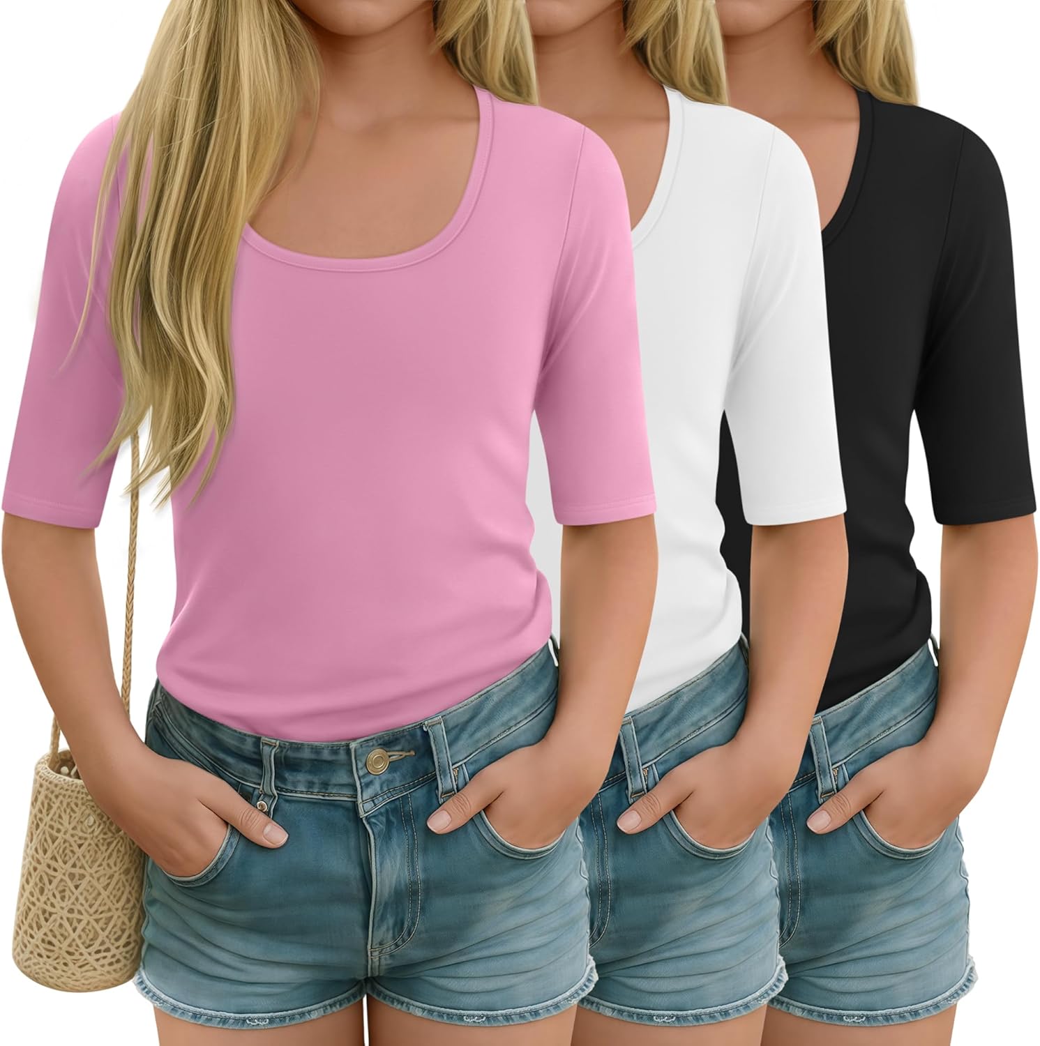 3 Pack Girls' T-Shirts Half Sleeve 5-14Y Tops Kids Scoop Neck Summer Casual Shirts Slim Fit Basic Solid Tees