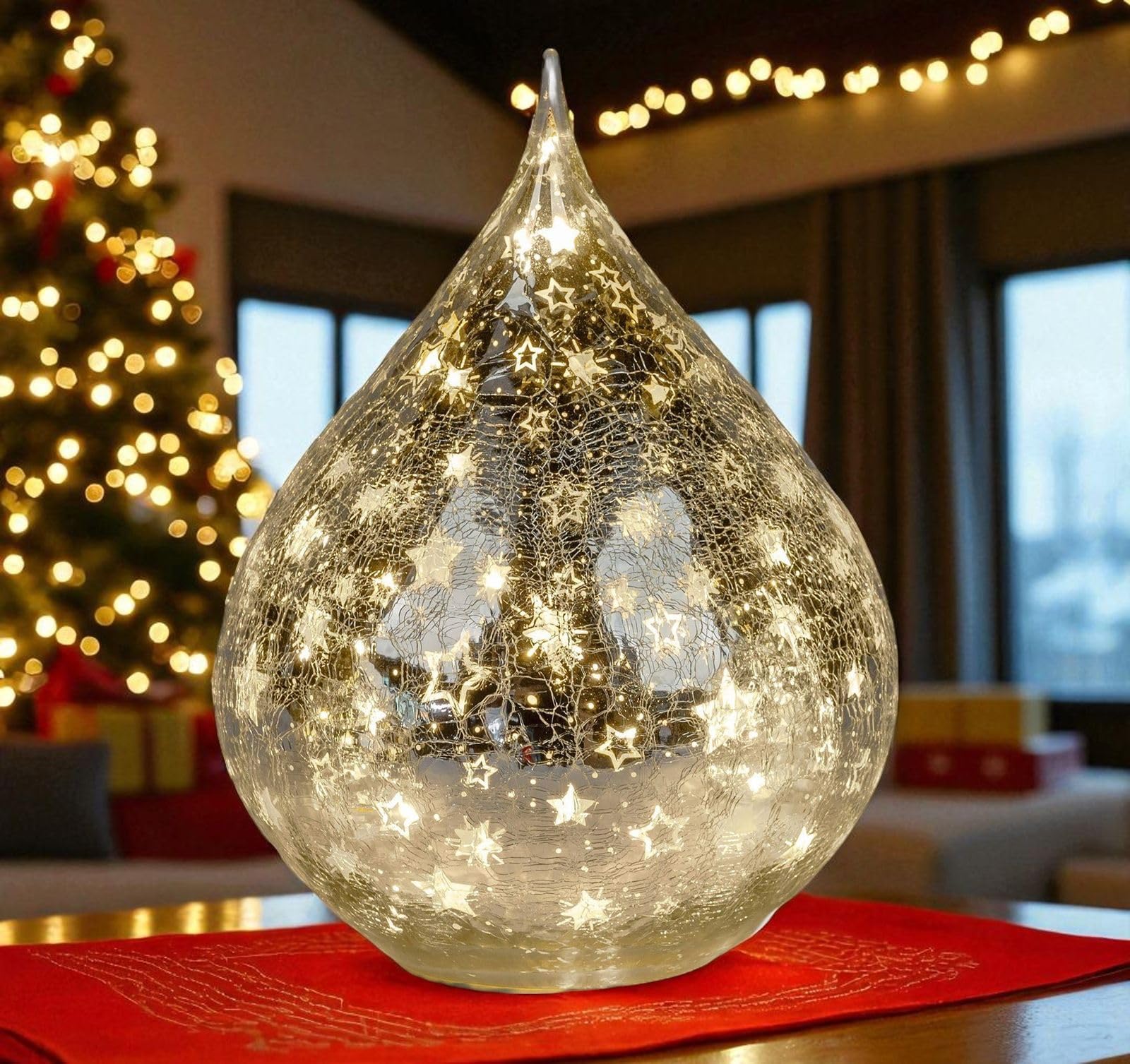 formano Dekoracyjna lampa LED w kształcie kropli gwiazd, 25 cm, szklana lampa z timerem (6 h włączona/18 h wyłączona), zasilanie bateryjne, nastrojowe światło na zimę i Boże Narodzenie, dekoracyjna