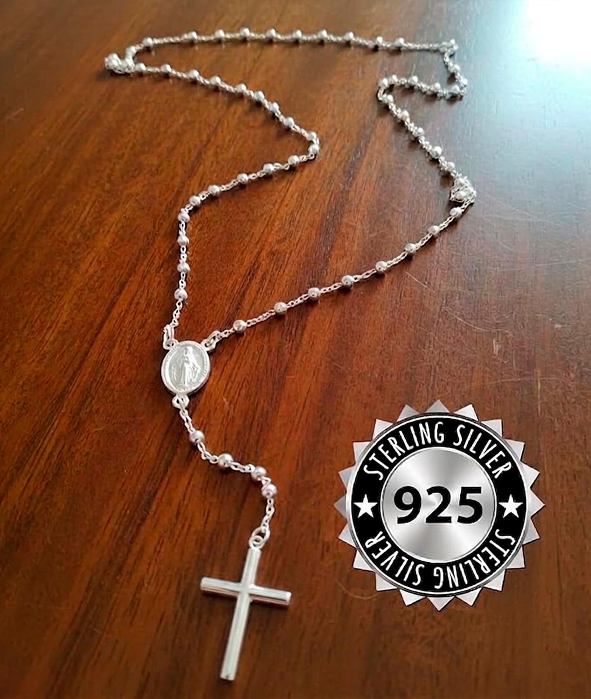 Only faith Prawdziwy srebrny różaniec 925 z medalem y i krzyża 60 cm religijny naszyjnik Katolicka biżuteria z koralikami