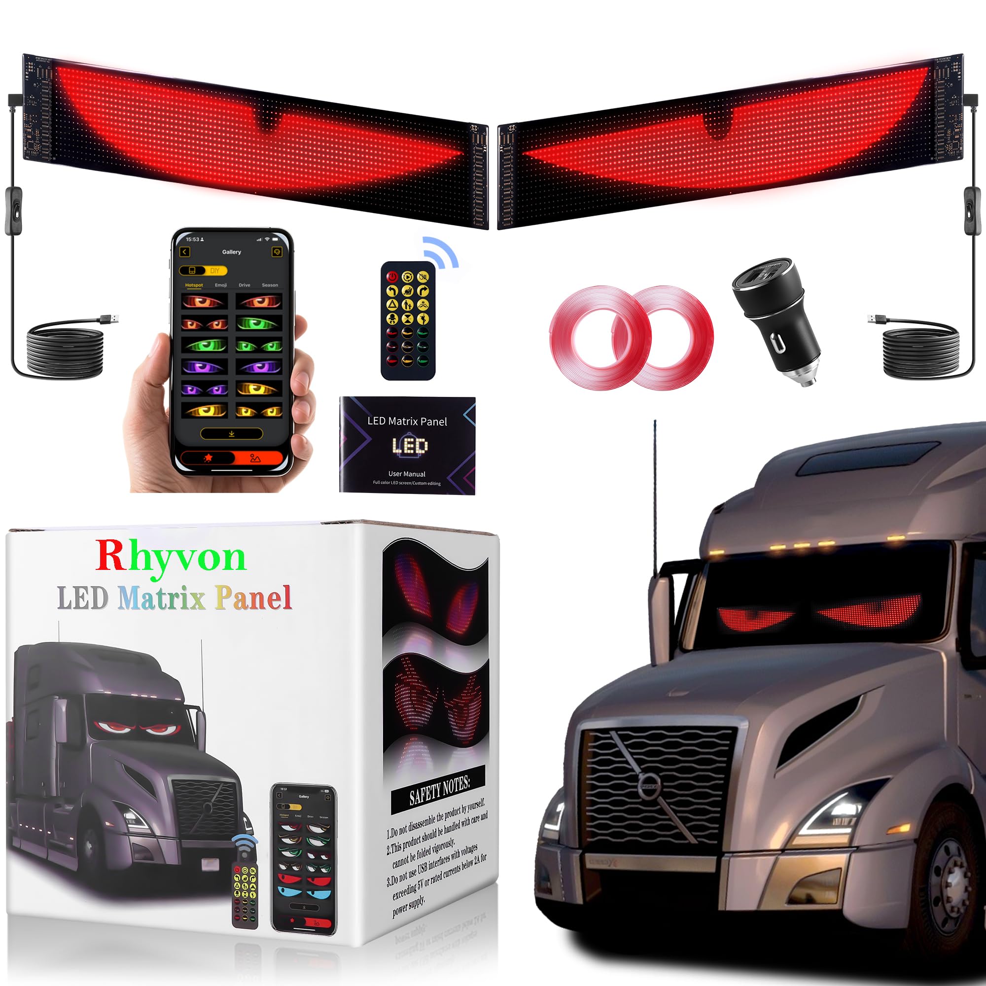 2pcs diabolical car light LED eyes for car windshield, programmable LED plate, controlled by a remote control and a Bluetooth app, suitable for cars, SUVs and