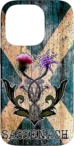 Funda vintage para iPhone 14 Pro con diseño de flor de cardo morado con bandera escocesa