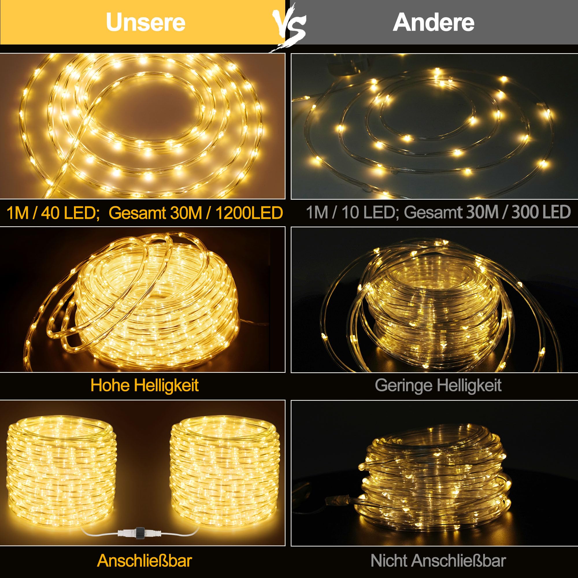 30 m 1200 LED manguera cadena de luz exterior conectable, luz blanca cálida LED manguera de luz corriente con mando a distancia temporizador, 8 modos IP68 exterior, funciona con electricidad para