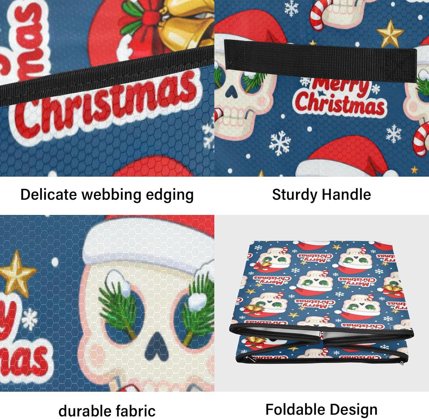 High Capacity Christmas Ornament Storage Box Holds Up to 64, Adjustable Dividers, Zippered Top, Two Handles handy Holiday Storage Case with Lid,Merry Christmas White Skull
