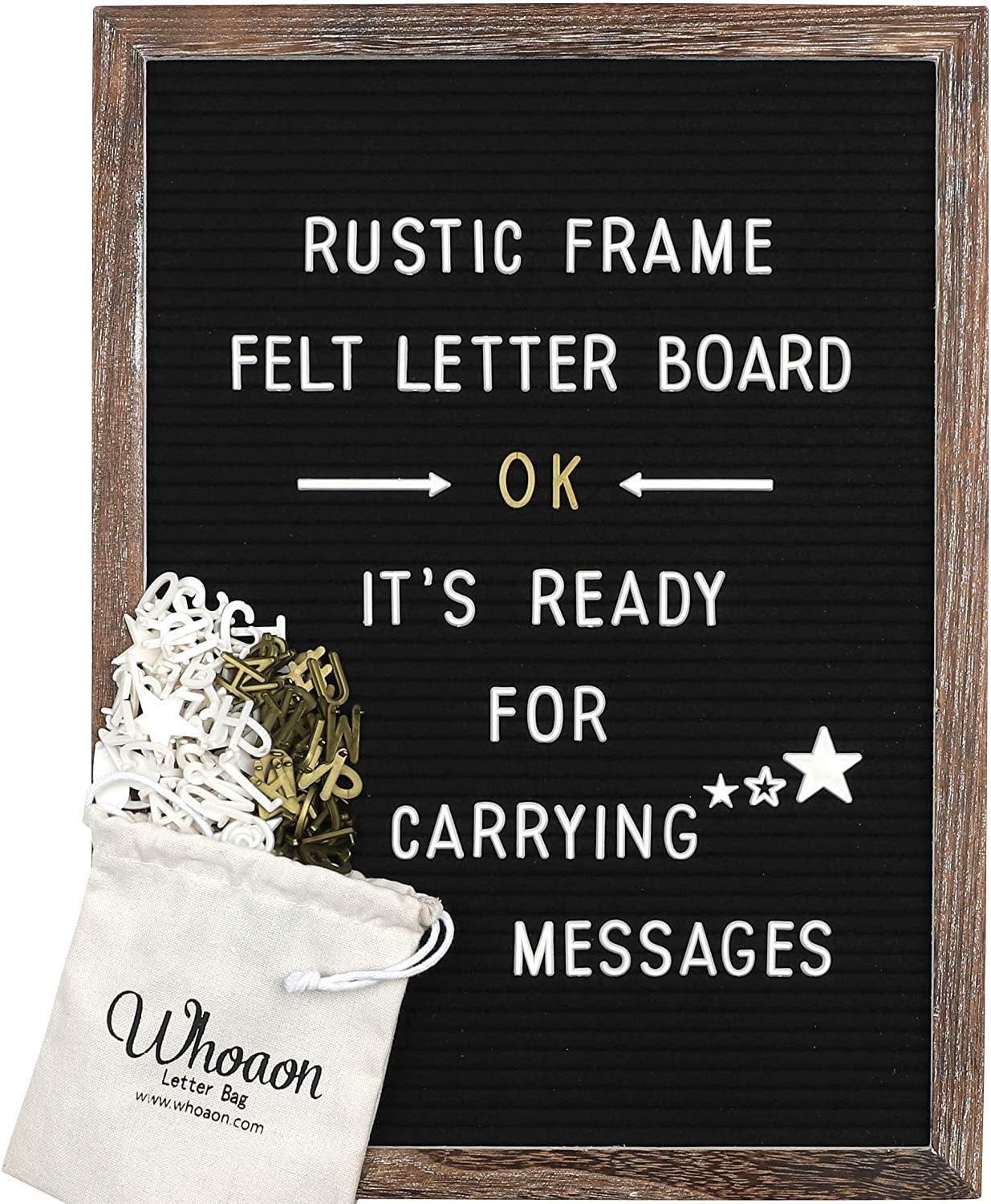 Rustic Wood Frame Black Felt Letter Board 12x16 inches. 440 White & Gold Letters, Months & Days Cursive Words, Additional Symbols & Emojis, 2 Letter Bags, Scissors, Vintage Stand. by whoaon