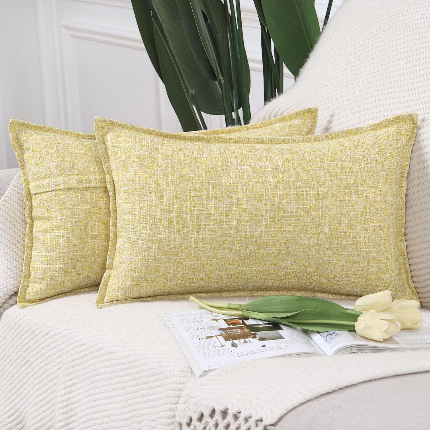 Madizz Juego de 2 Suave Lino Decorativo Funda de cojíns Lujo Estilo Fundas de Almohada para el sofá Dormitorio Amarillo Claro Rectangular 30 x 50 cm