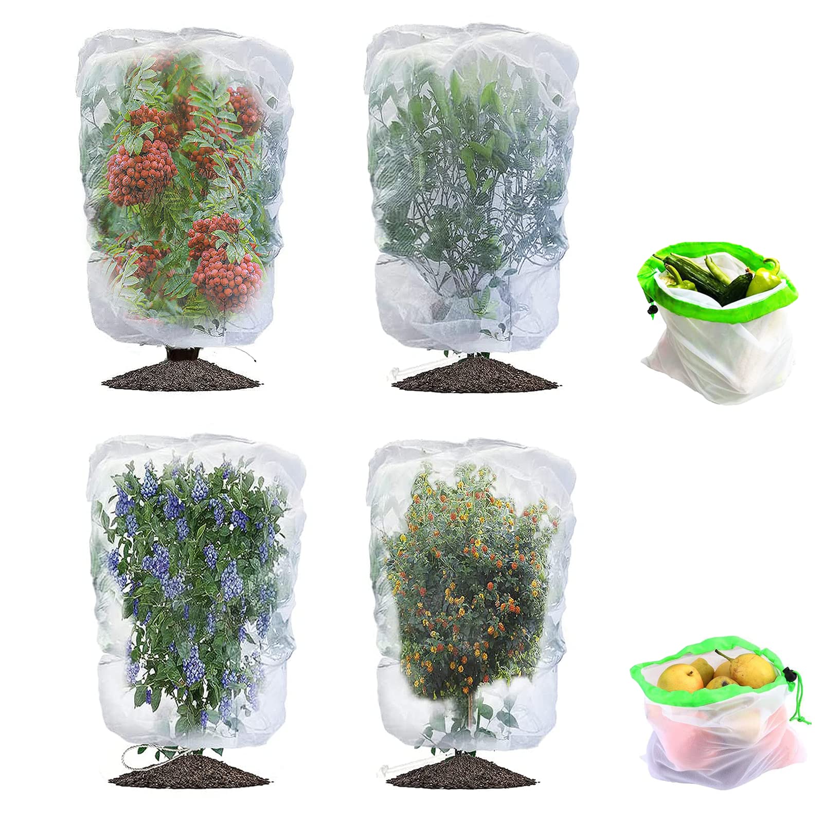 3.28×2.62FT Birds Garden Mesh Netting, 4 Pack Plant Insect Netting with Drawstring - Fruit Tree Cover Pest Barrier Bag Protect Blueberry Bush/Tomato/Cherry/Strawberry from Bugs,Cicadas,Squirrel
