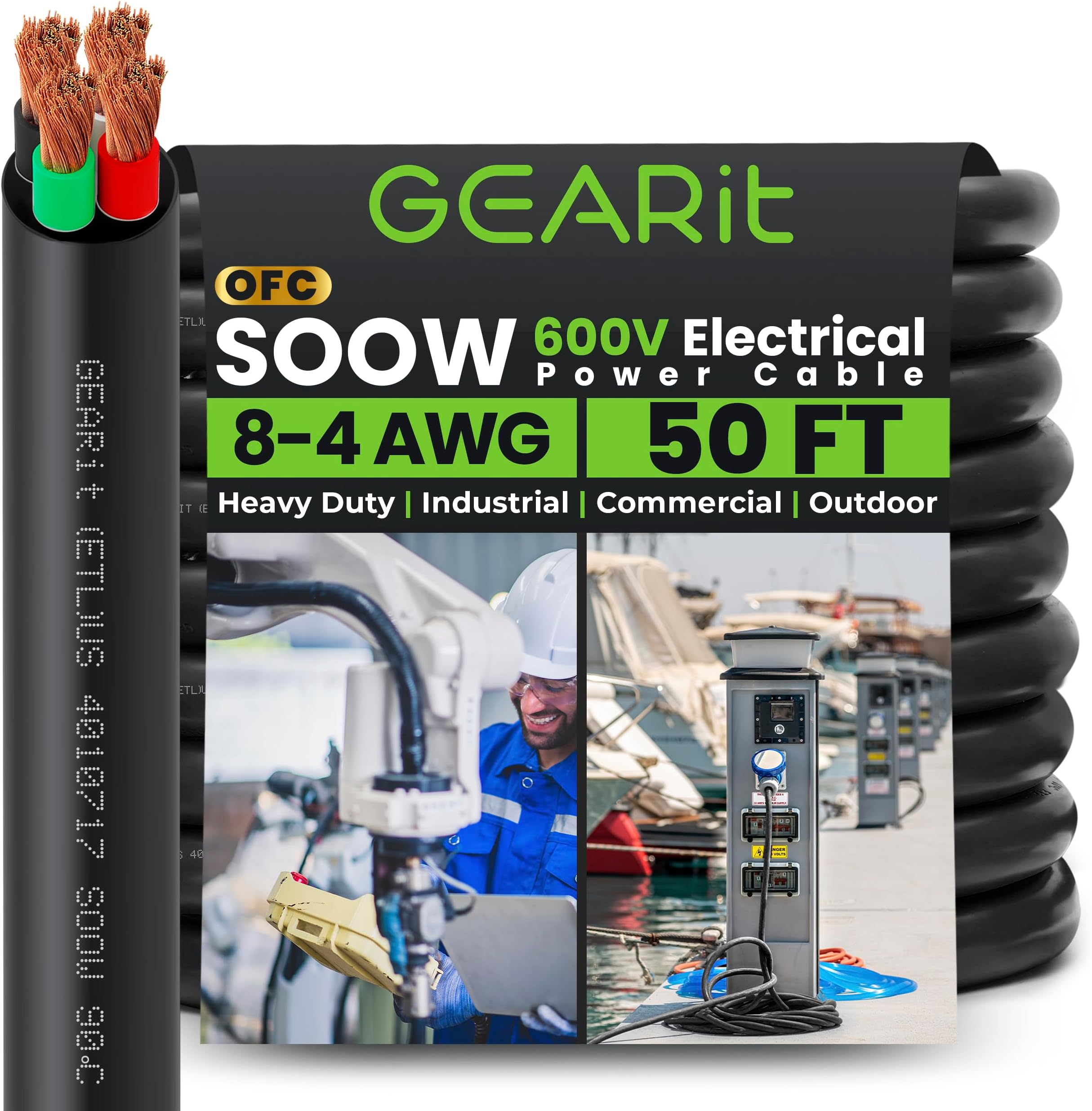 GEARit 8/4 8 AWG Portable Power Cable (50 Feet - 4 Conductor) SOOW 600V 8 Gauge Electric Wire for Motor Leads, Portable Lights, Battery Chargers, Stage Lights and Machinery -50ft Electrical Cord