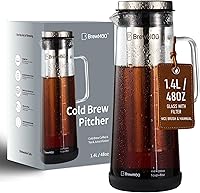 BrewMOO Sleek 14 Cold Brew Coffee Maker - 48oz Airtight Borosilicate Glass Pitcher with Stainless Steel Filter, Fridge Door Fit, Black