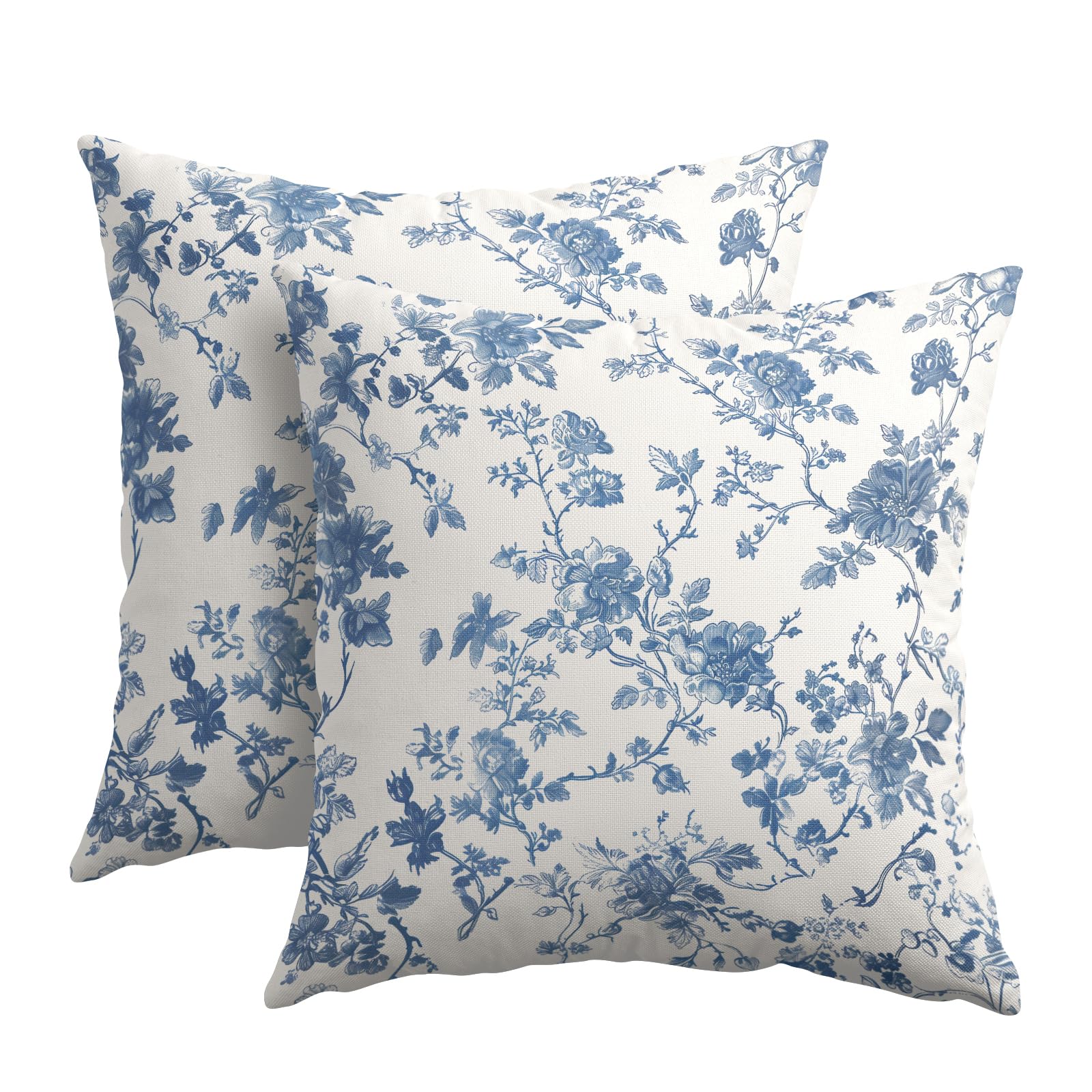 Kawani Blue Floral Pillow Covers 20x20 Inch Set of 2 Blue and Cream Chinoiserie Flower Outdoor Decorative Throw Pillows Vintage Rustic Toile