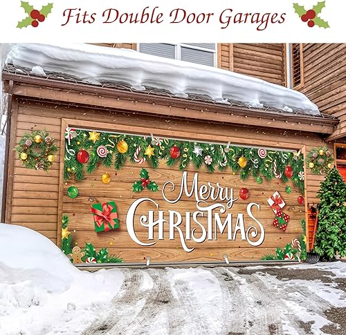 Miniatura 3 de Hosuly Pancarta doble de 6.6 x 16 pies para puerta de garaje de Navidad, decoración de telón de fondo colgante de Feliz Navidad, para interiores y